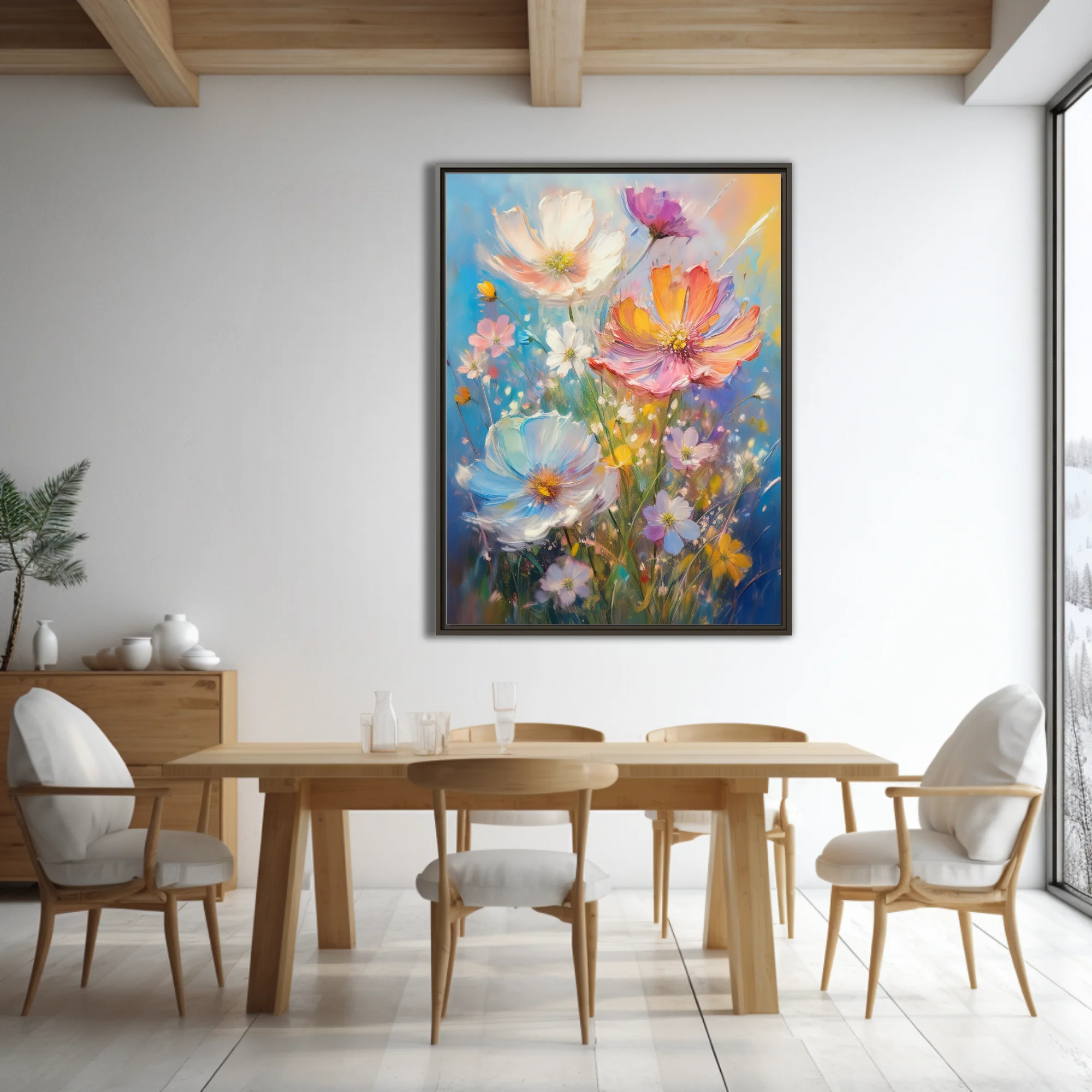 Painterly wildflower bouquet in luminous pastels with thick strokes and sunlit sky backdrop