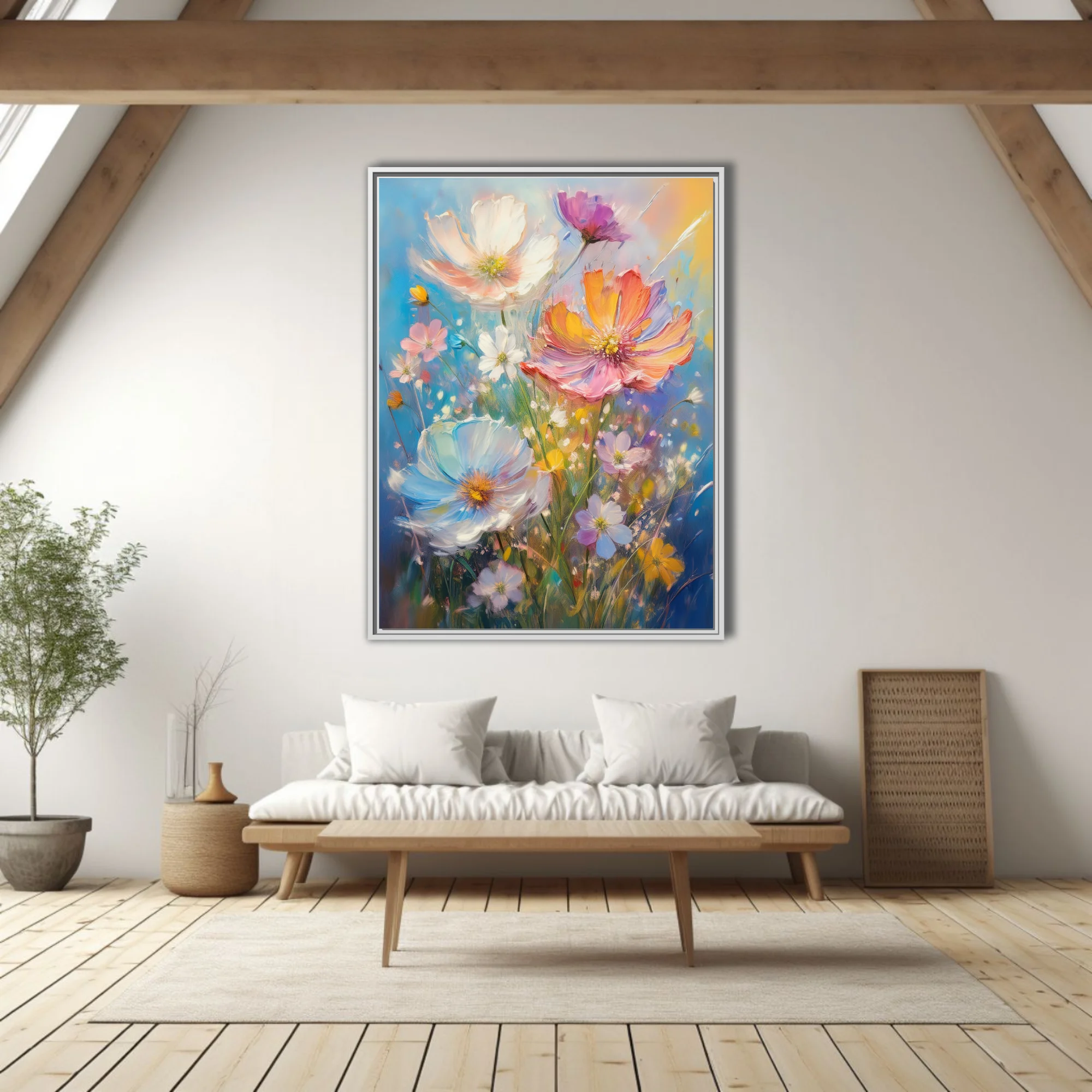 Painterly wildflower bouquet in luminous pastels with thick strokes and sunlit sky backdrop