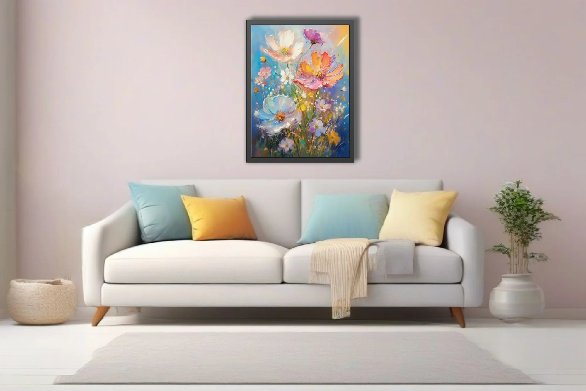 Painterly wildflower bouquet in luminous pastels with thick strokes and sunlit sky backdrop