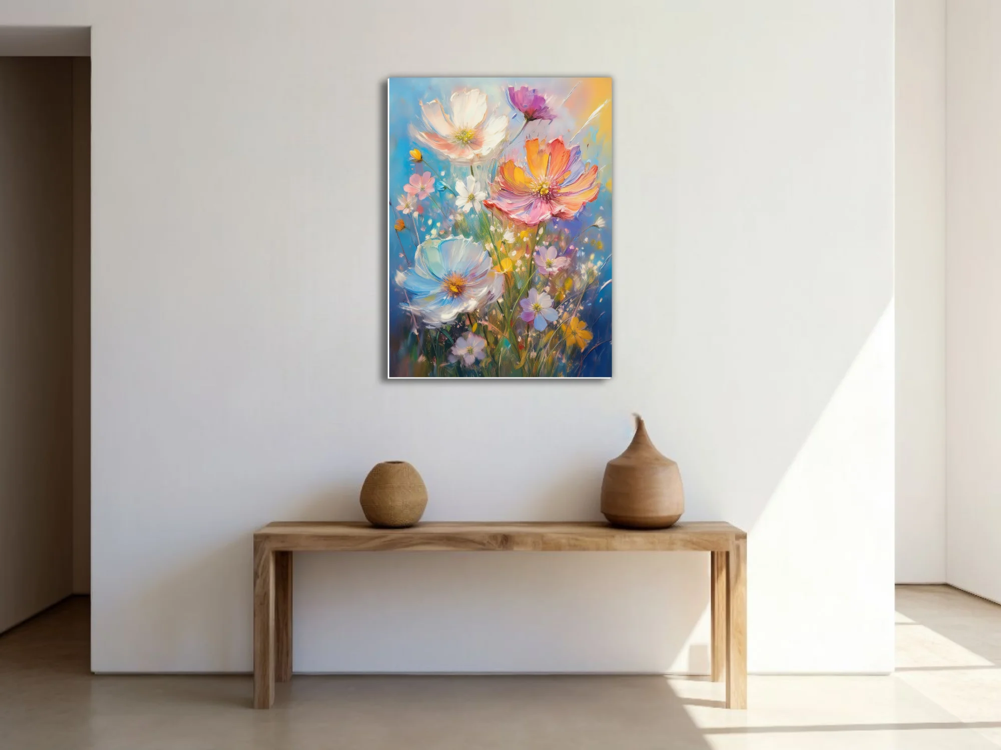 Painterly wildflower bouquet in luminous pastels with thick strokes and sunlit sky backdrop
