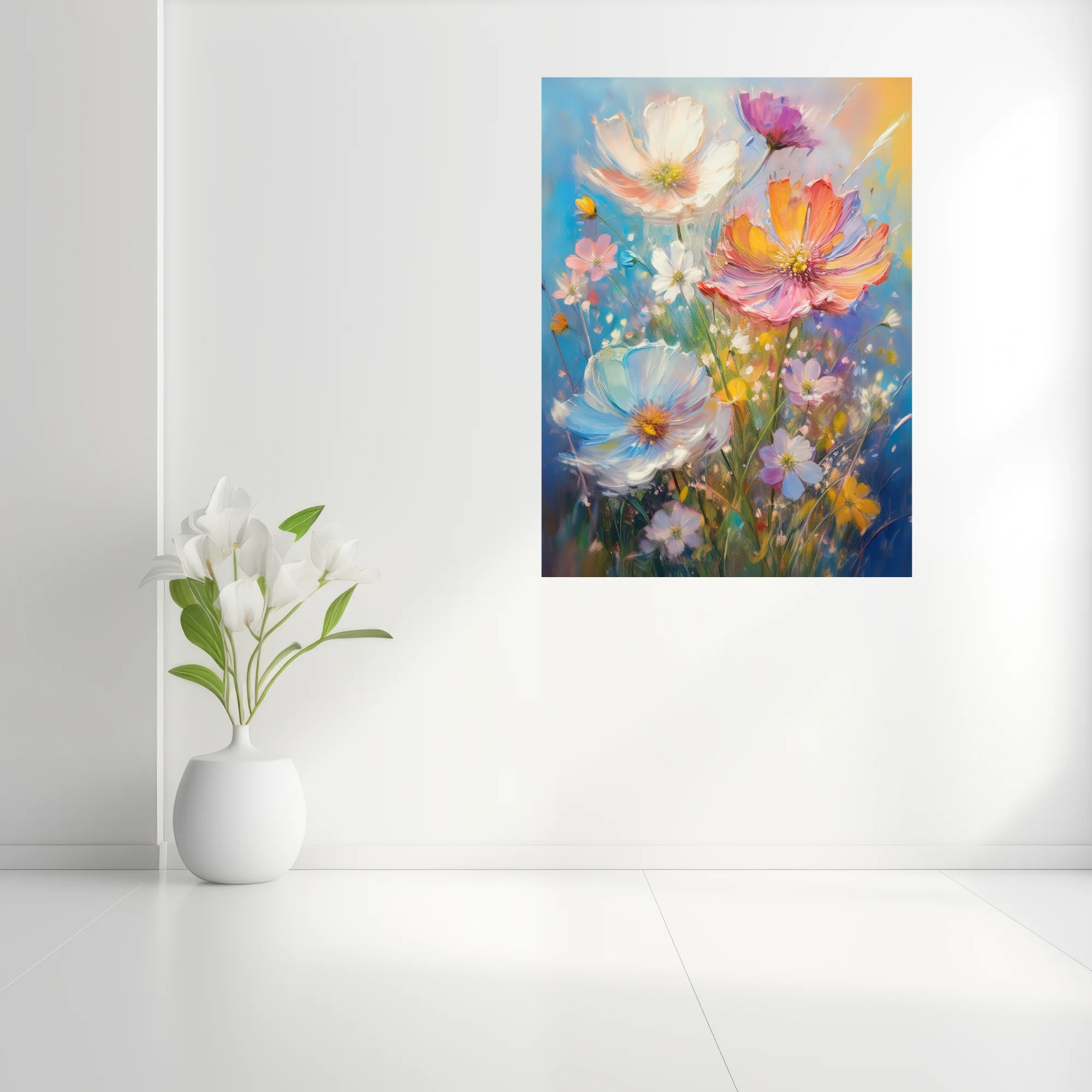 Painterly wildflower bouquet in luminous pastels with thick strokes and sunlit sky backdrop