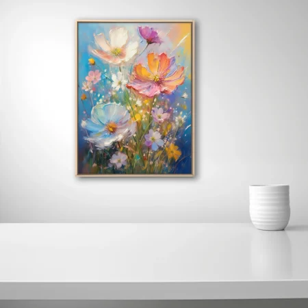 Painterly wildflower bouquet in luminous pastels with thick strokes and sunlit sky backdrop