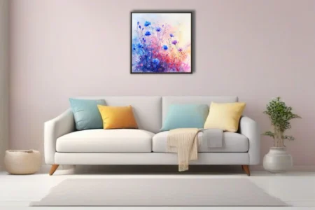 Watercolor-style wildflower composition in cobalt blue, violet, and warm pastel tones