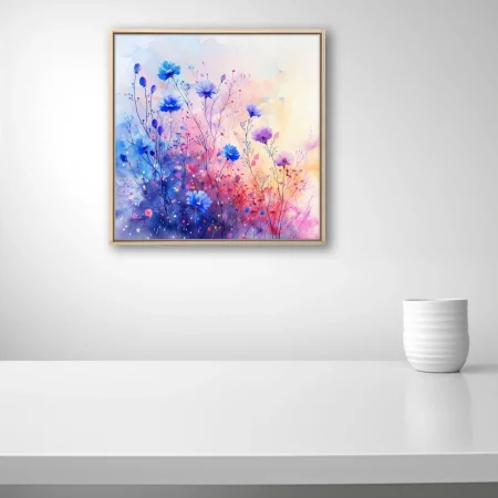 Watercolor-style wildflower composition in cobalt blue, violet, and warm pastel tones