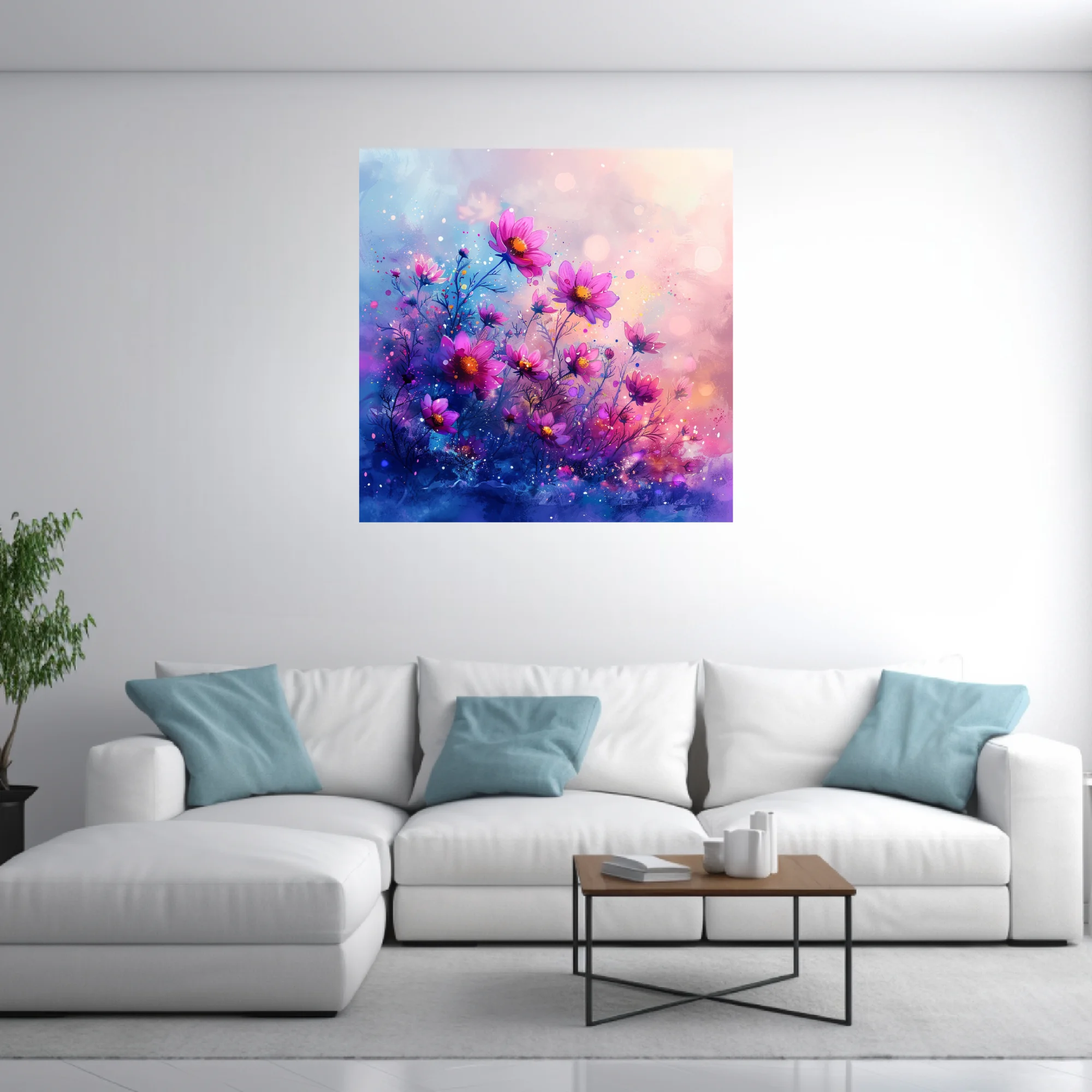 Watercolor-style cosmic floral art, vibrant pink and purple cosmos blooms with bokeh glow