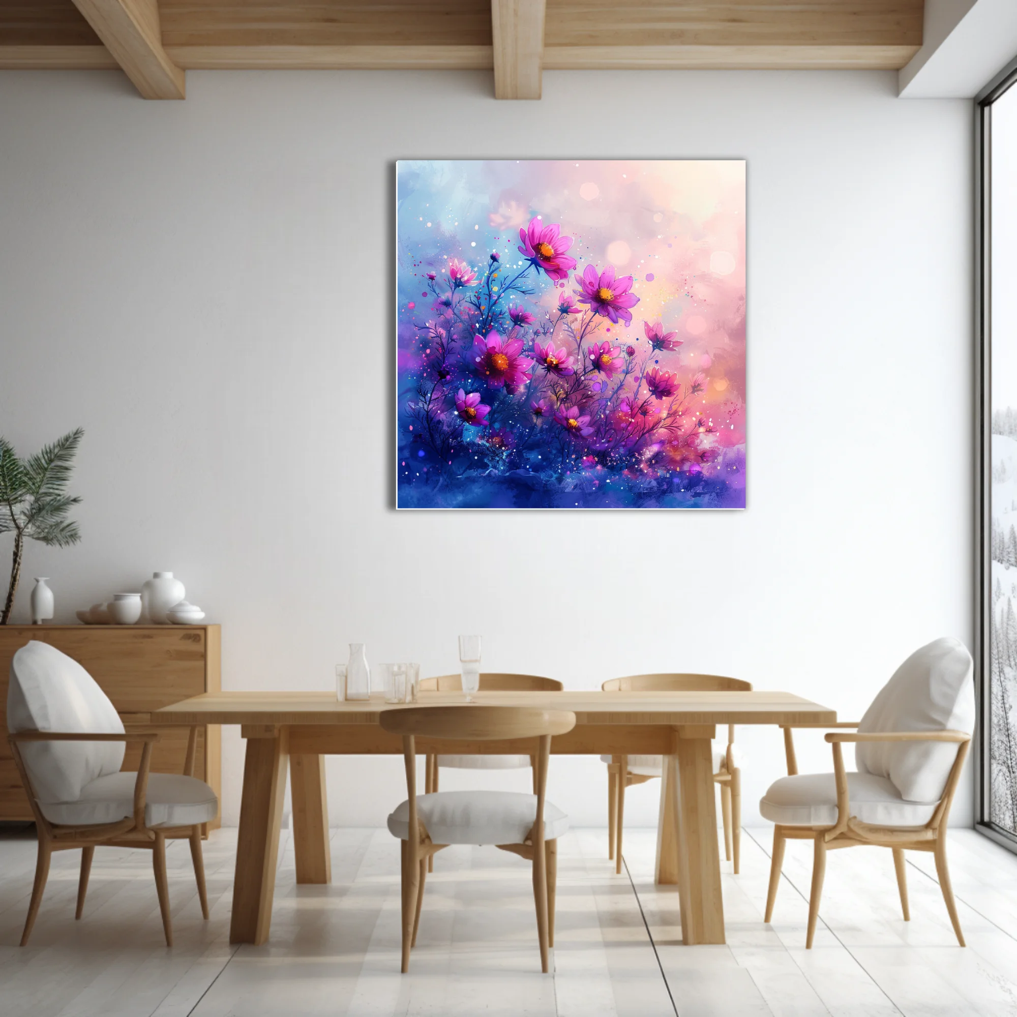 Watercolor-style cosmic floral art, vibrant pink and purple cosmos blooms with bokeh glow