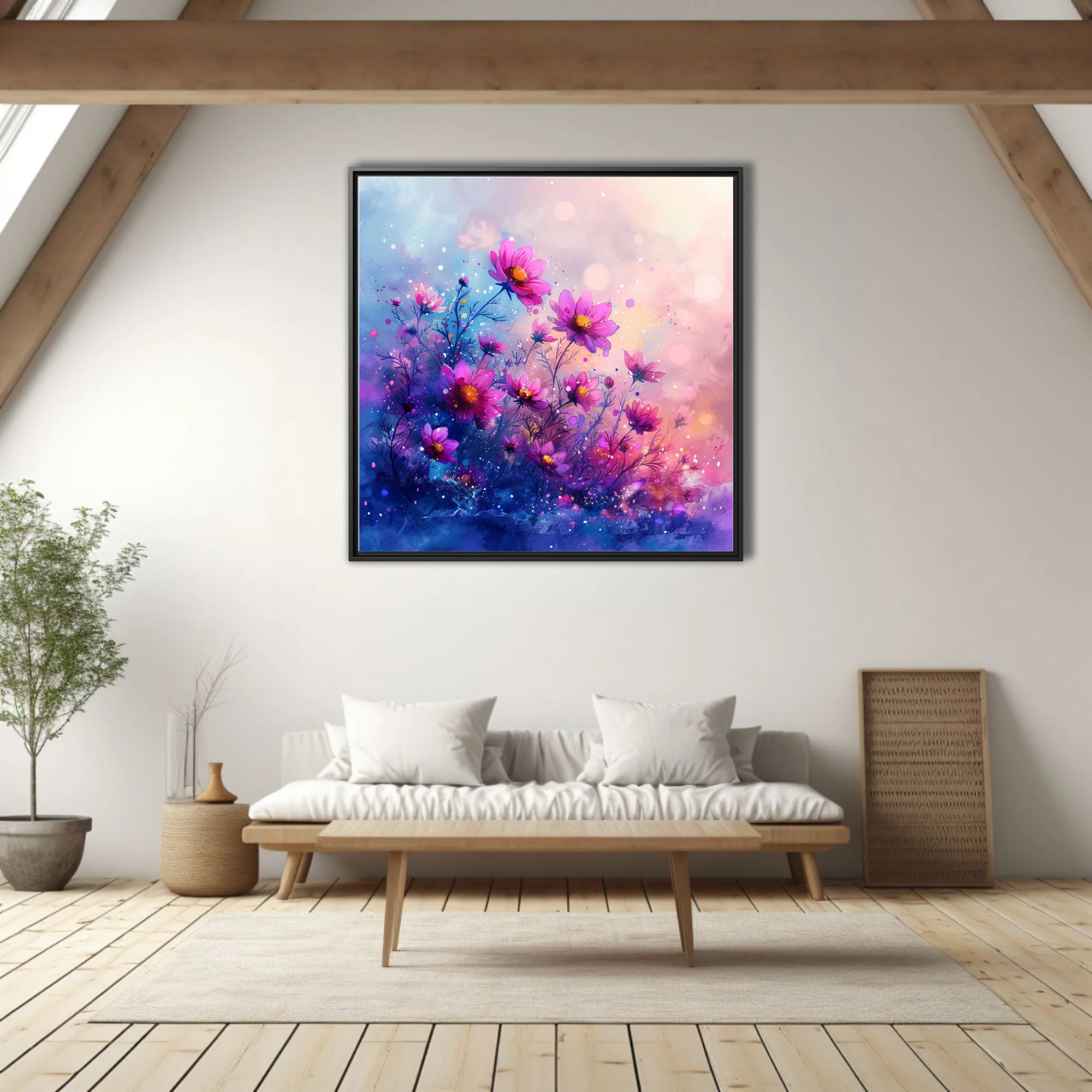 Watercolor-style cosmic floral art, vibrant pink and purple cosmos blooms with bokeh glow