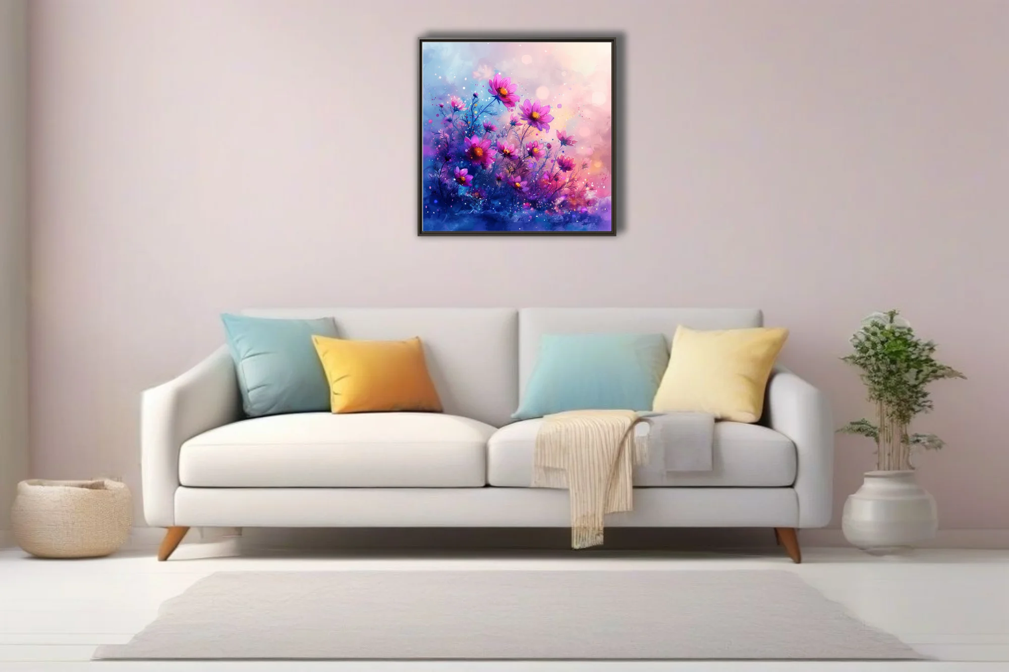 Watercolor-style cosmic floral art, vibrant pink and purple cosmos blooms with bokeh glow