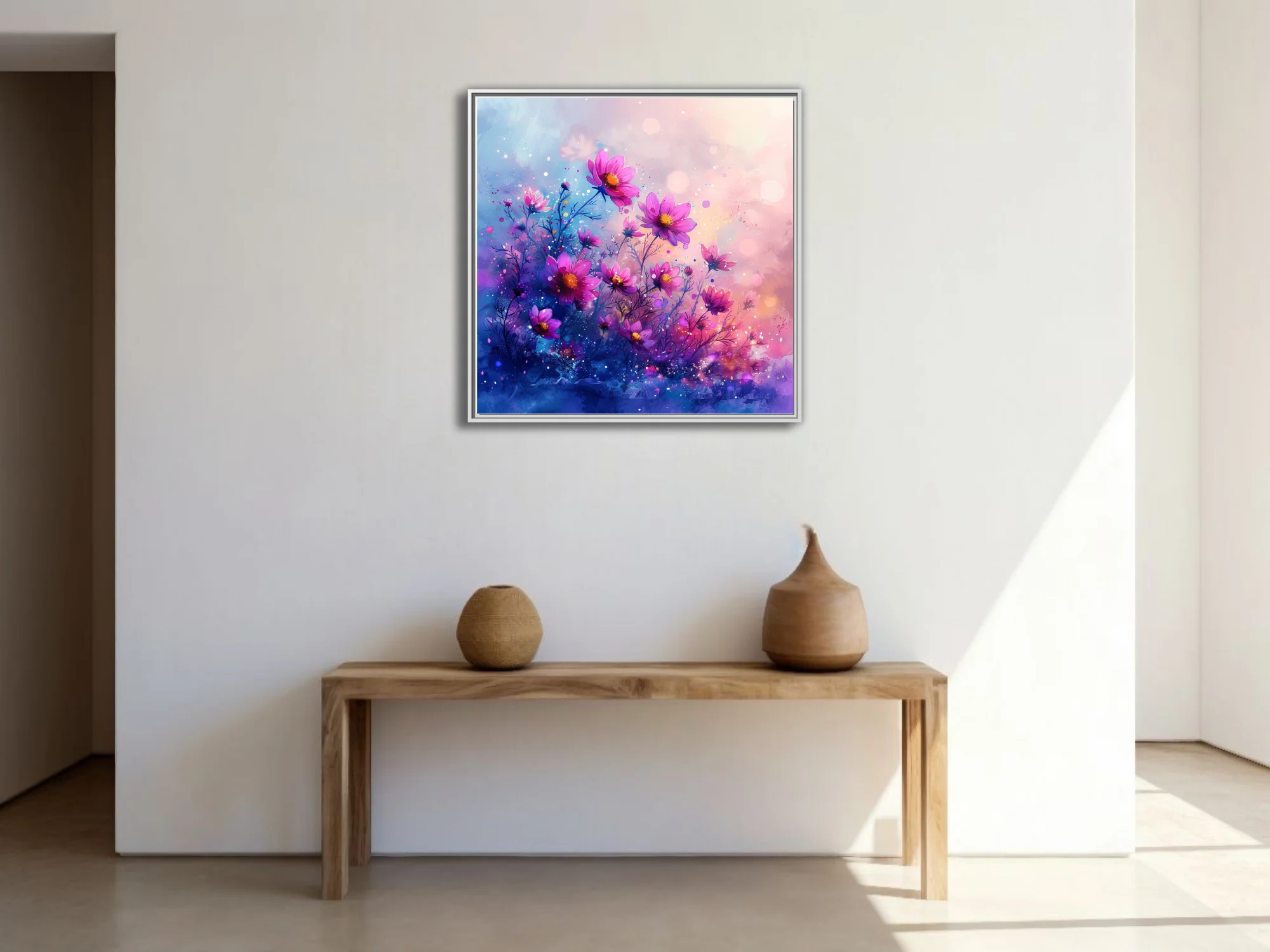 Watercolor-style cosmic floral art, vibrant pink and purple cosmos blooms with bokeh glow