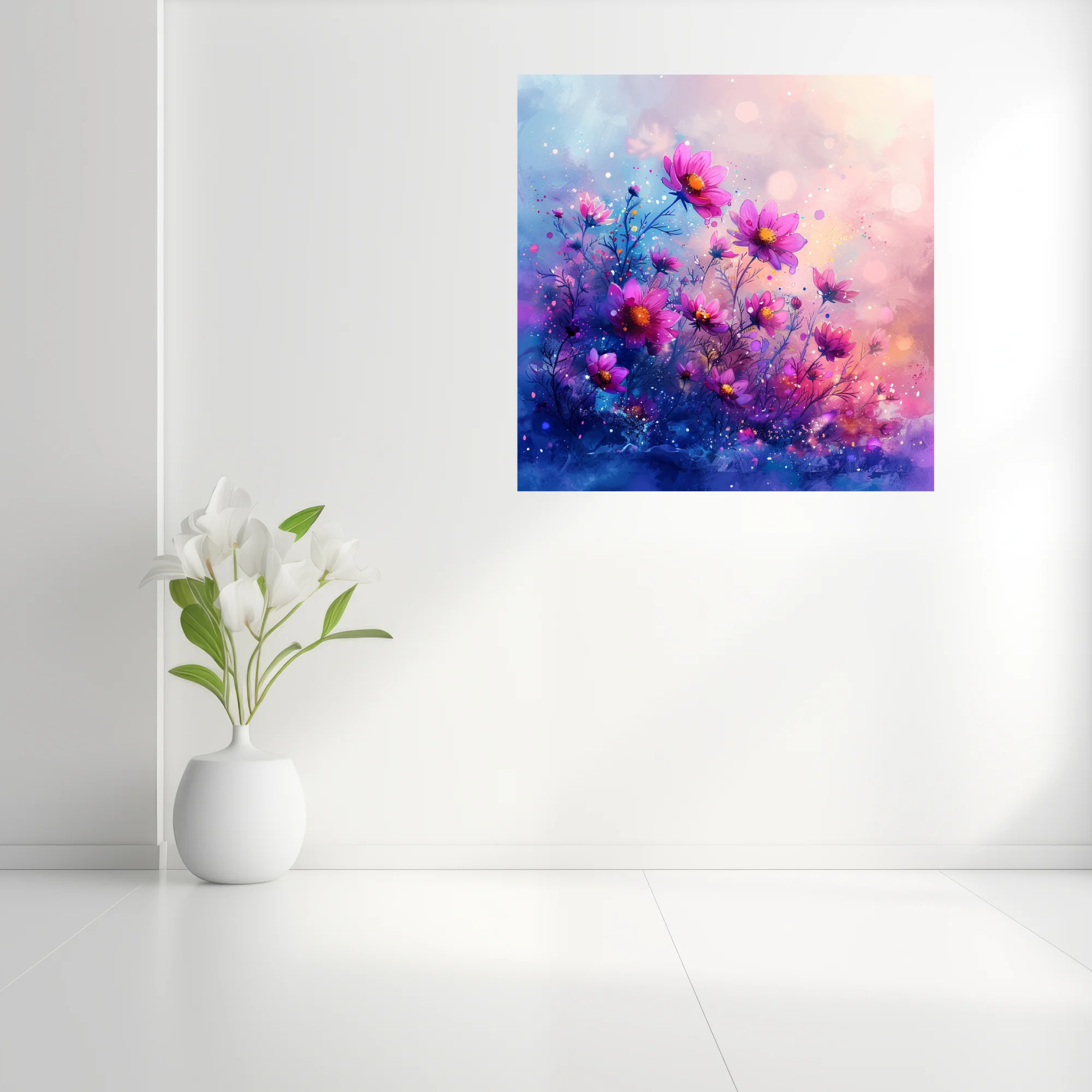 Watercolor-style cosmic floral art, vibrant pink and purple cosmos blooms with bokeh glow