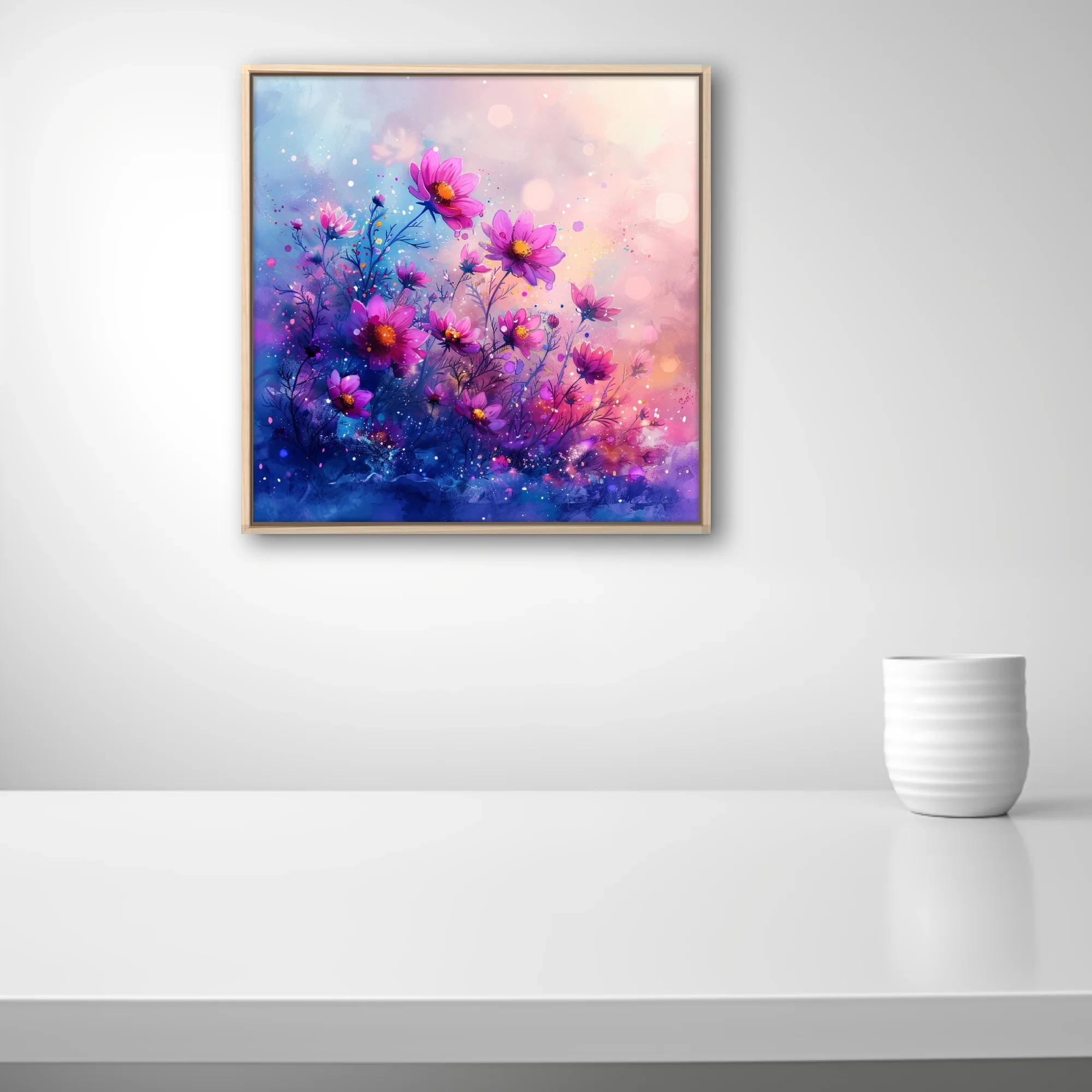 Watercolor-style cosmic floral art, vibrant pink and purple cosmos blooms with bokeh glow