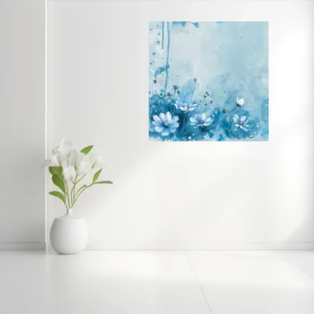 Watercolor-style blue wildflower composition with white blooms and ink-splash texture