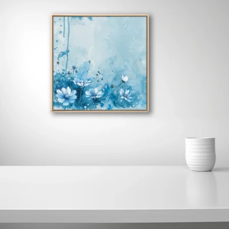 Watercolor-style blue wildflower composition with white blooms and ink-splash texture
