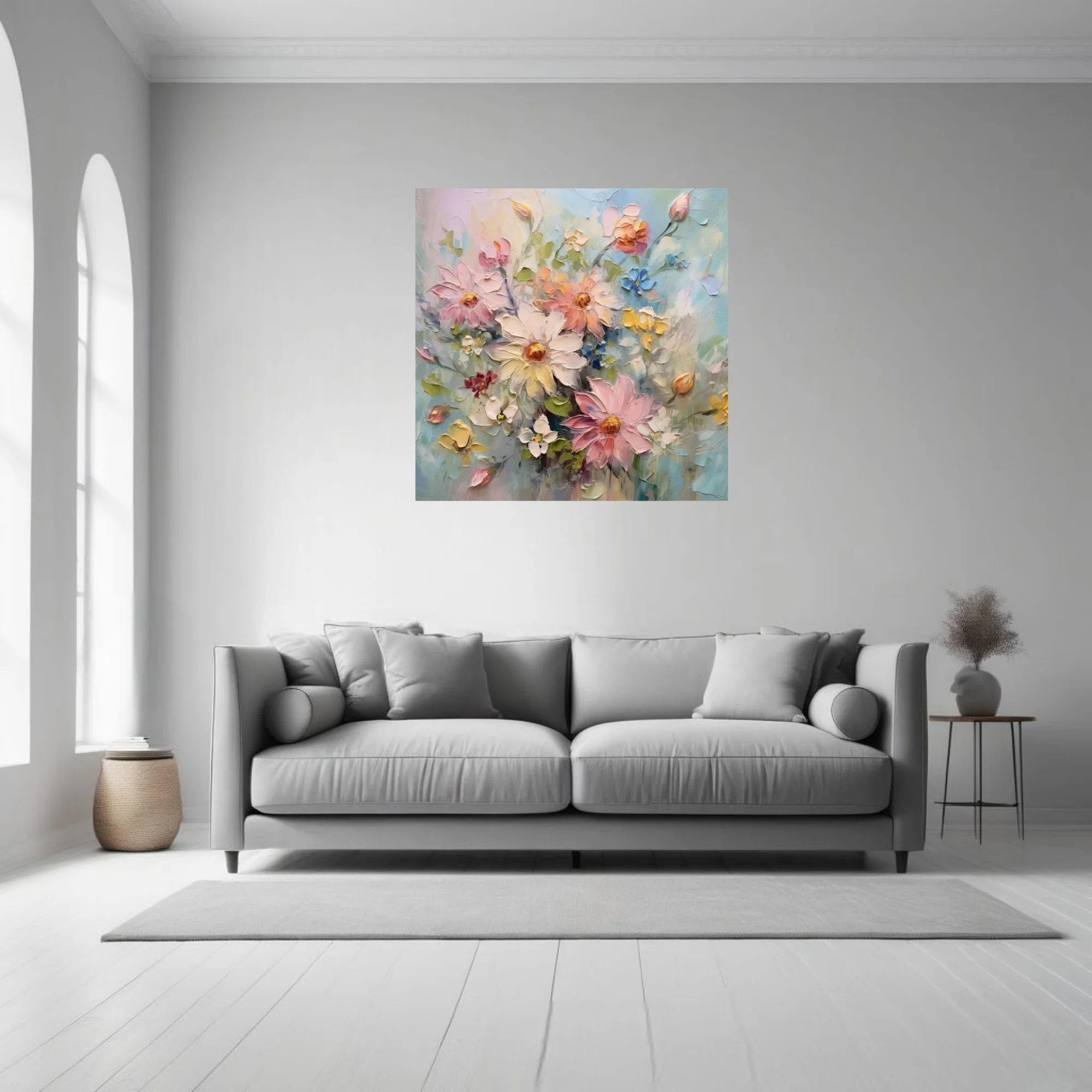 Pastel floral artwork with blush, butter and blue blooms, textured