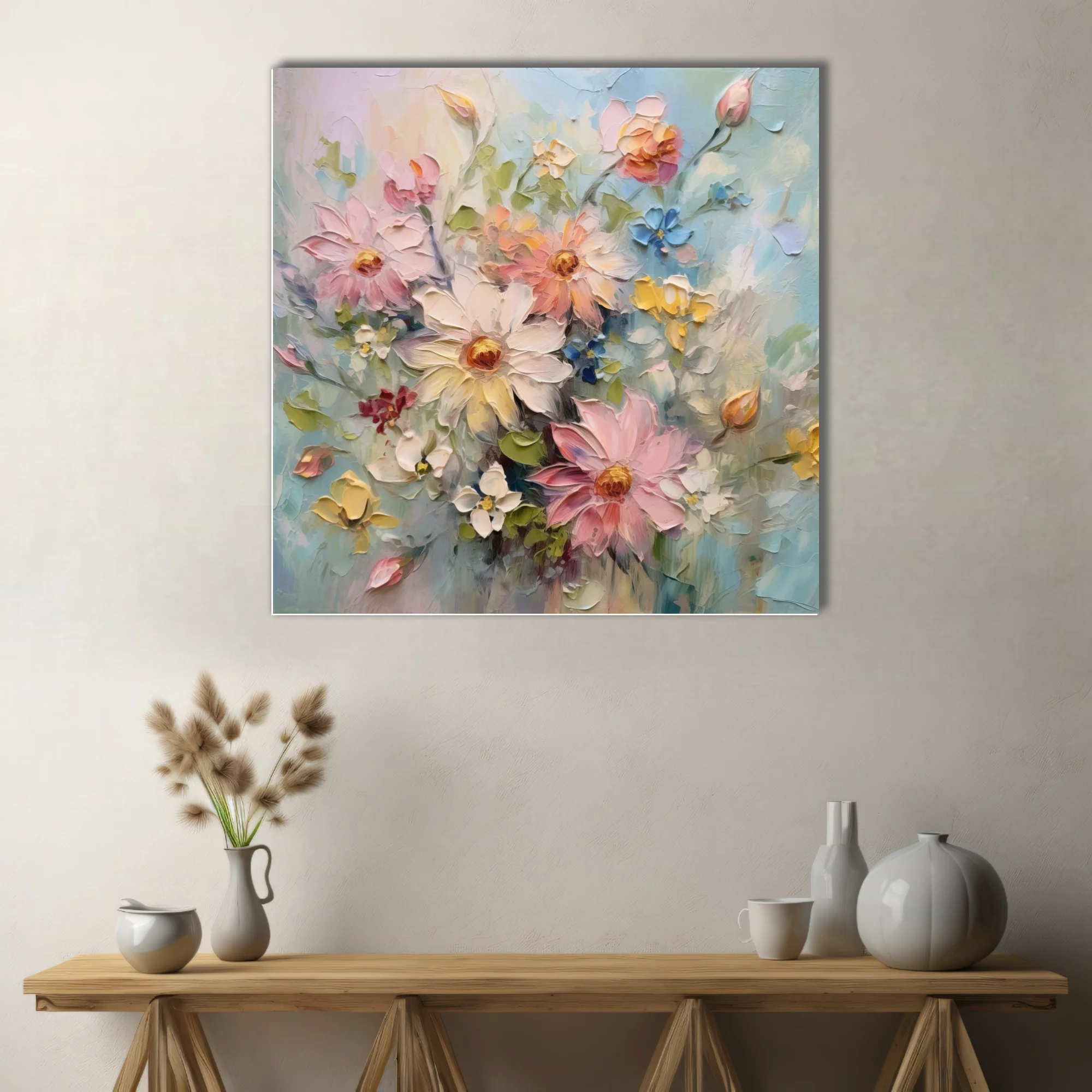 Pastel floral artwork with blush, butter and blue blooms, textured