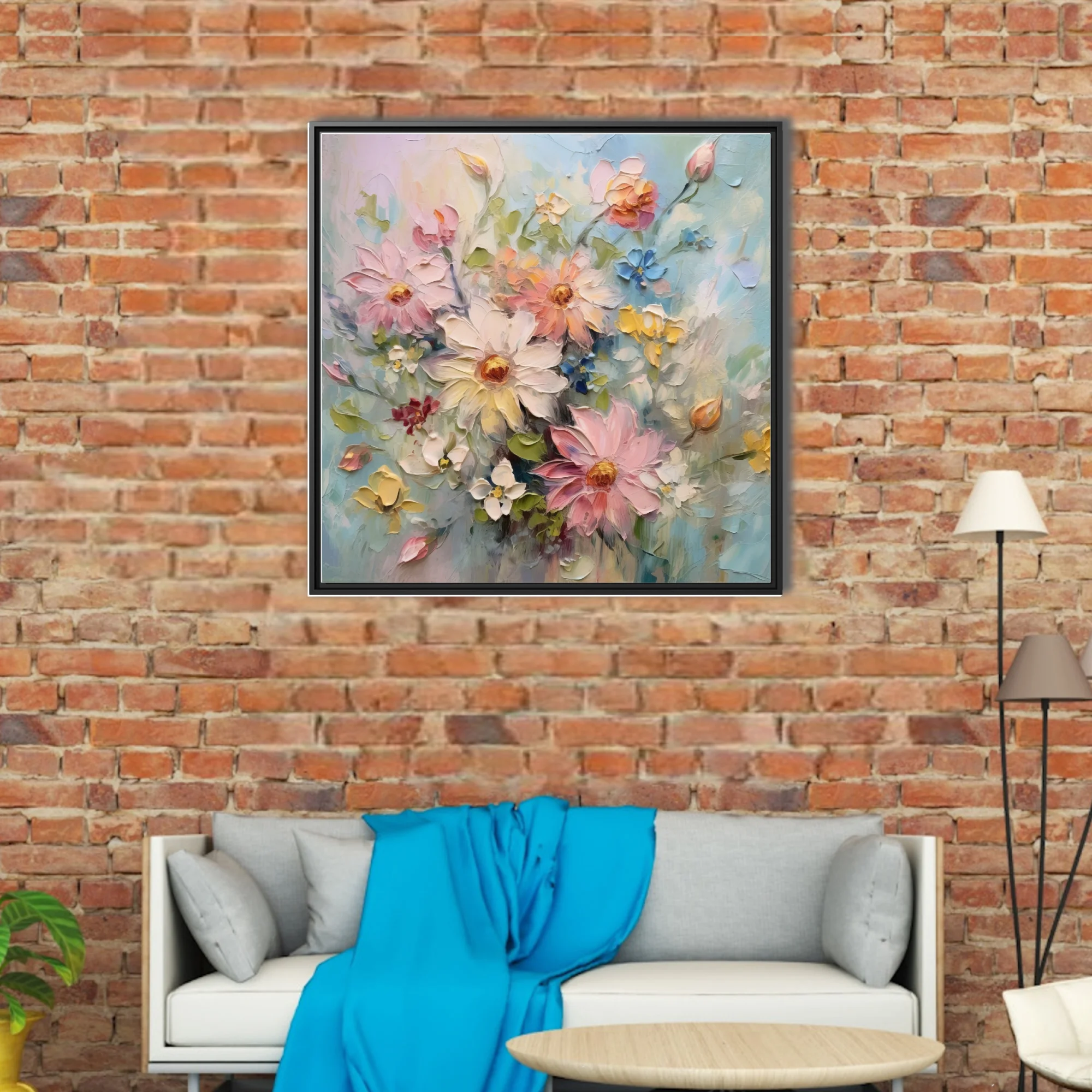 Pastel floral artwork with blush, butter and blue blooms, textured