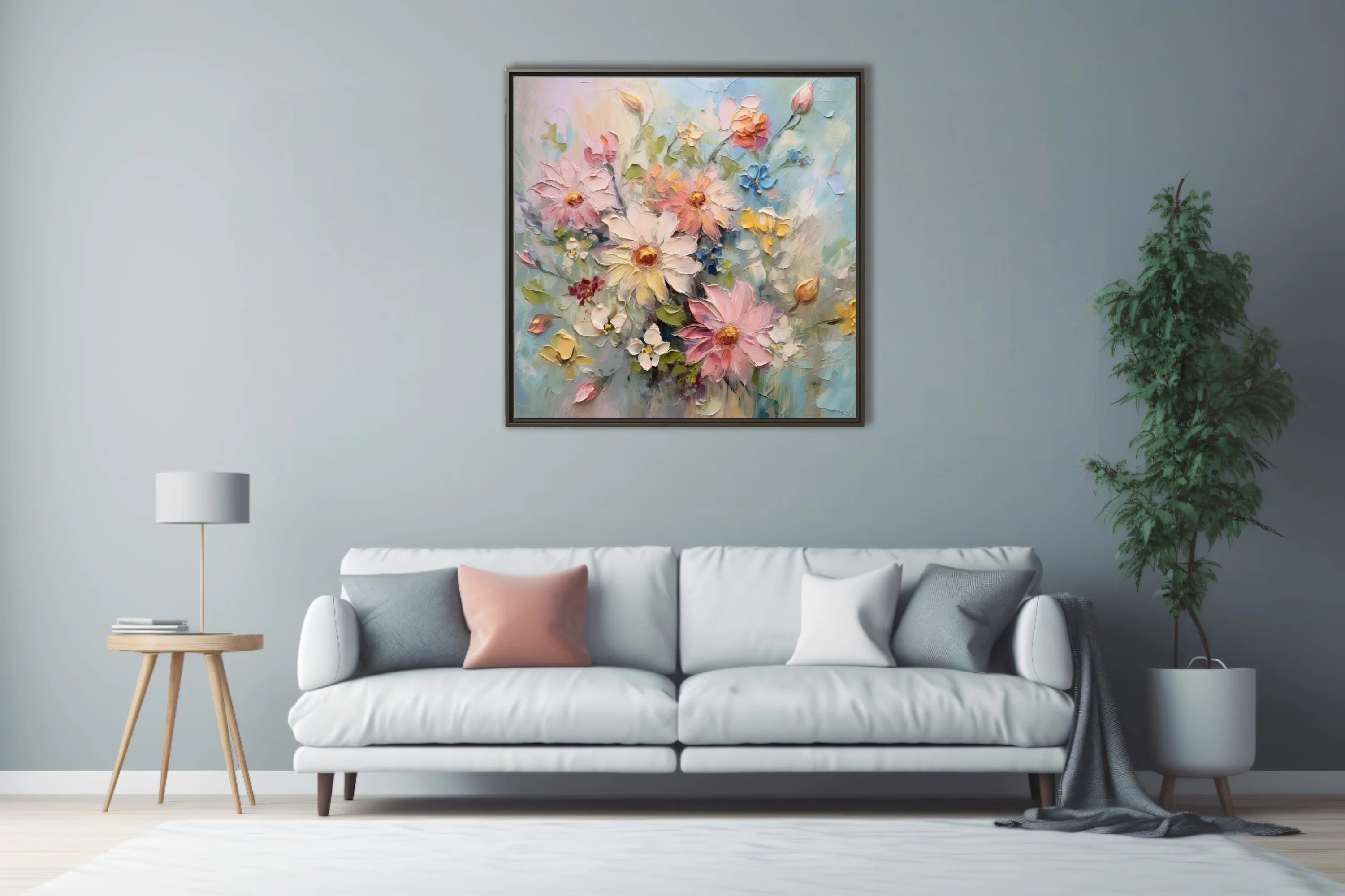 Pastel floral artwork with blush, butter and blue blooms, textured
