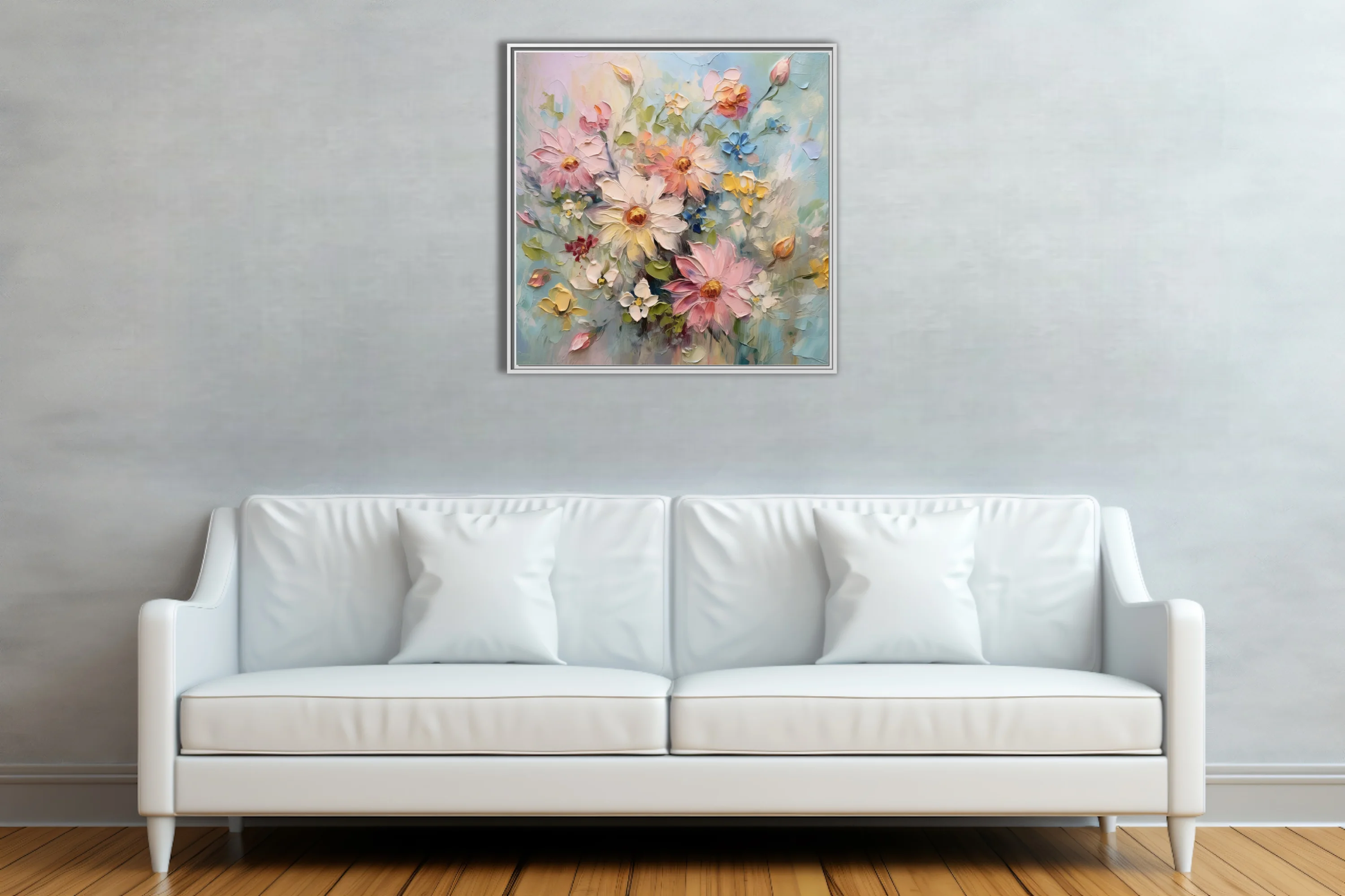 Pastel floral artwork with blush, butter and blue blooms, textured
