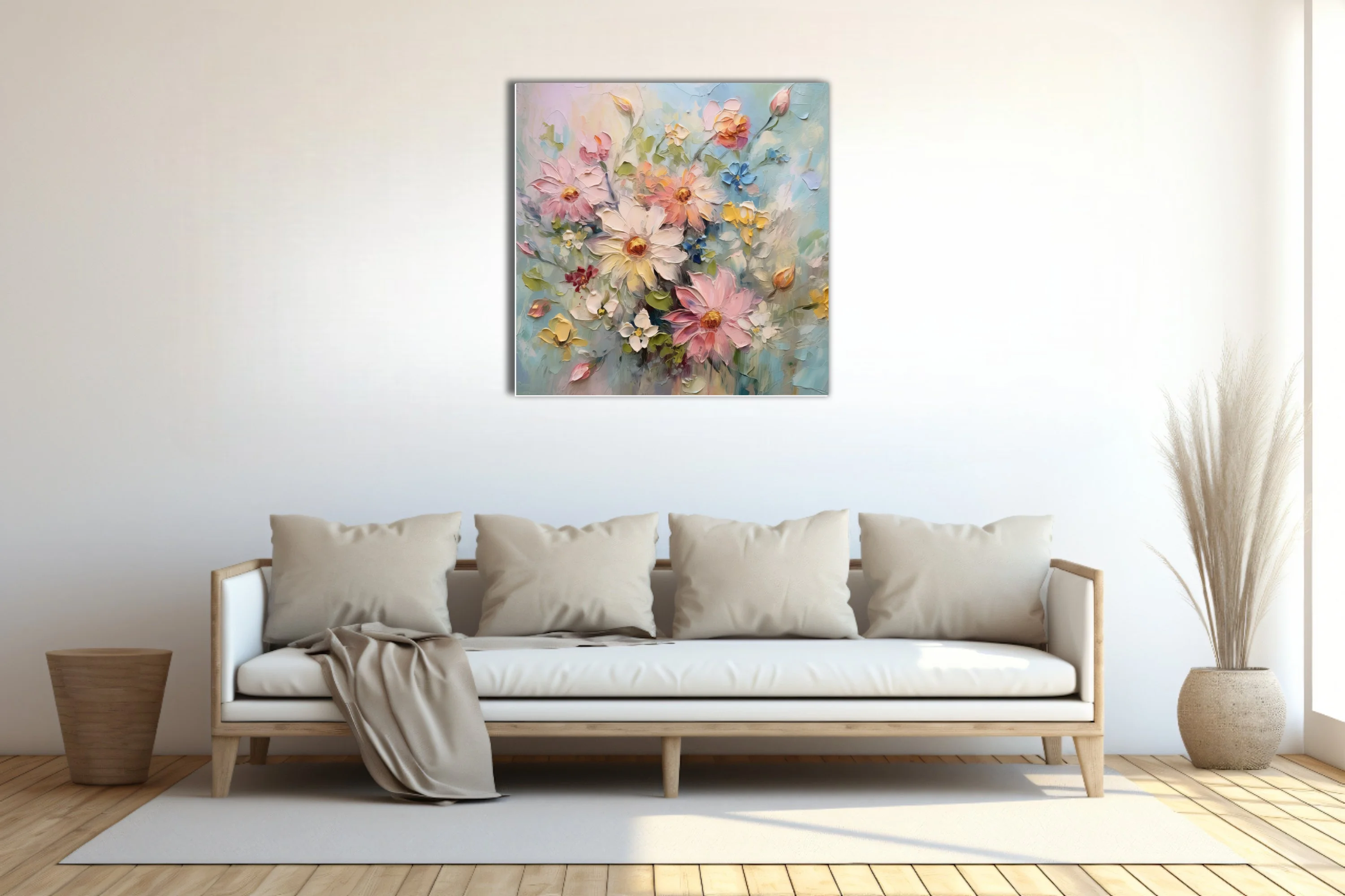 Pastel floral artwork with blush, butter and blue blooms, textured