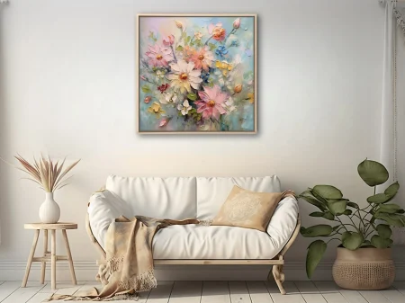 Pastel floral artwork with blush, butter and blue blooms, textured
