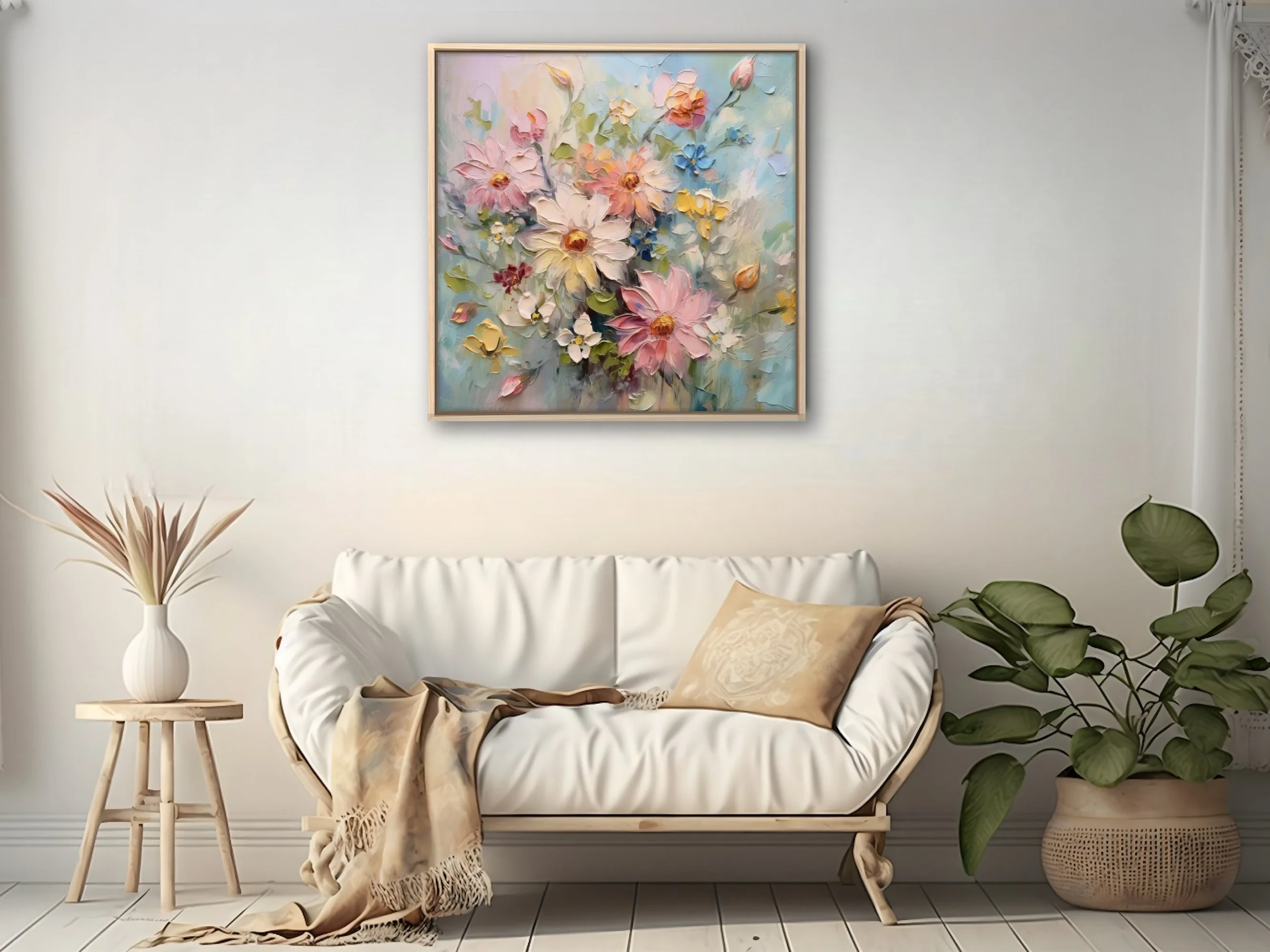 Pastel floral artwork with blush, butter and blue blooms, textured