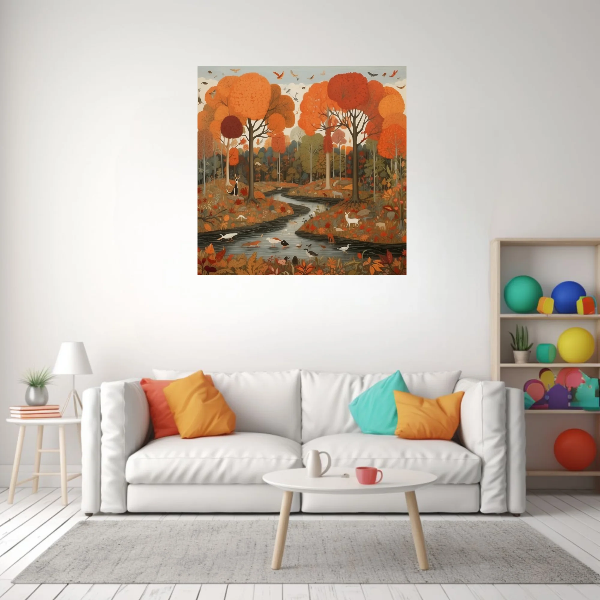 Folk-art style autumn forest with wildlife, winding stream, warm orange and red palette