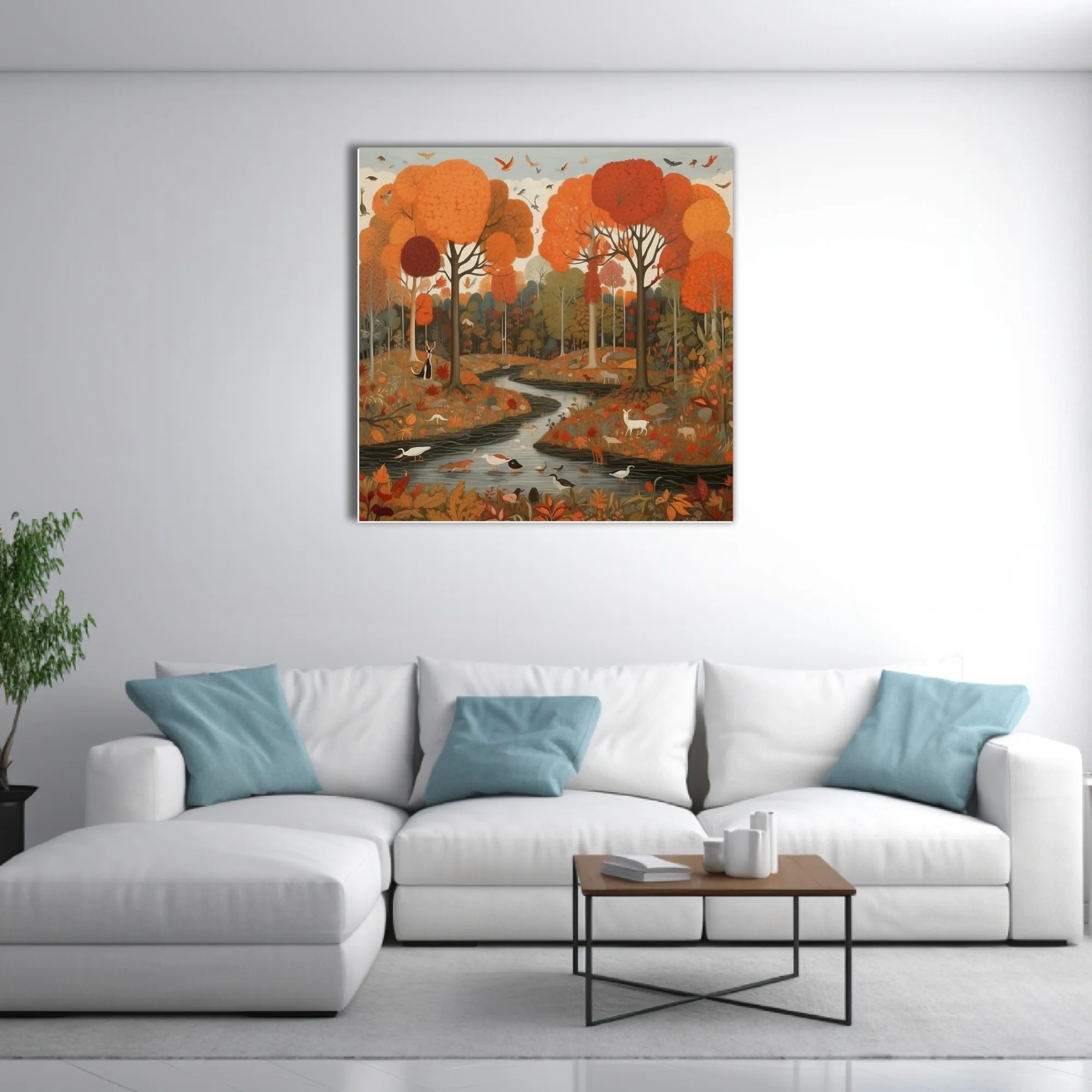 Folk-art style autumn forest with wildlife, winding stream, warm orange and red palette
