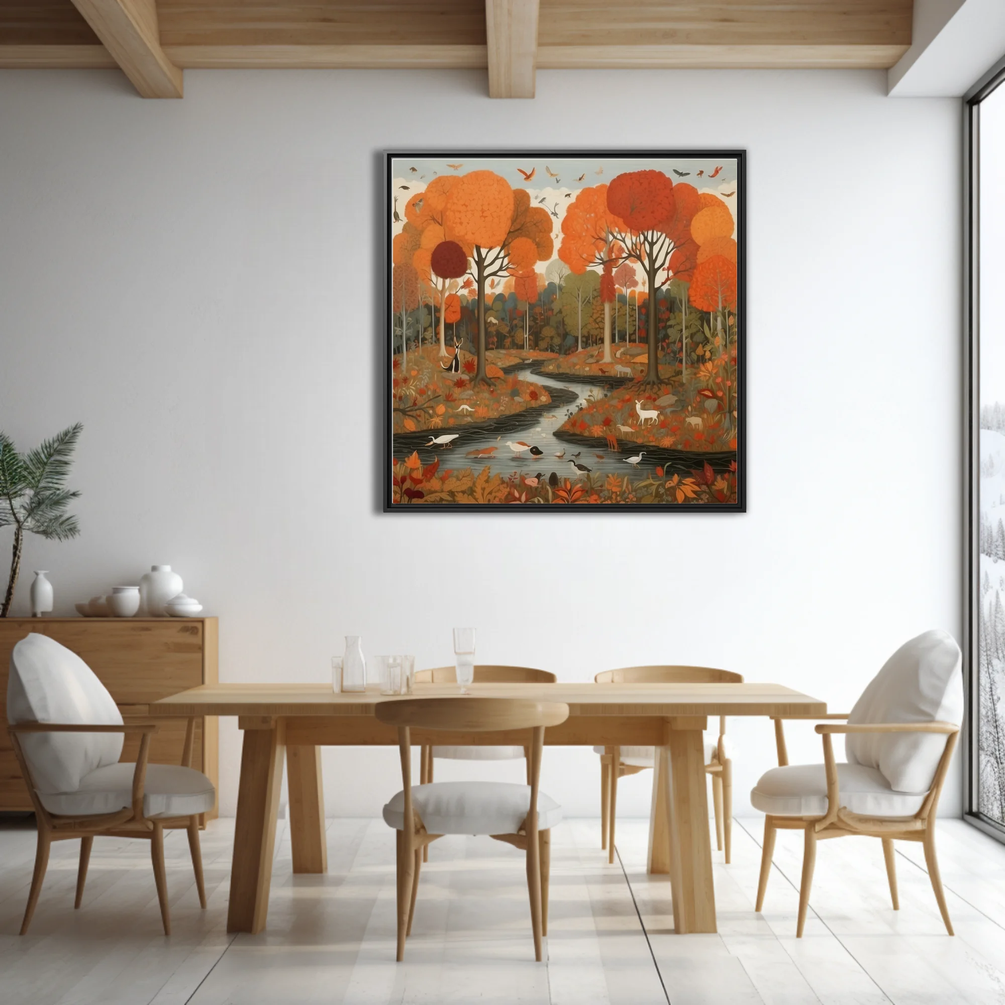 Folk-art style autumn forest with wildlife, winding stream, warm orange and red palette