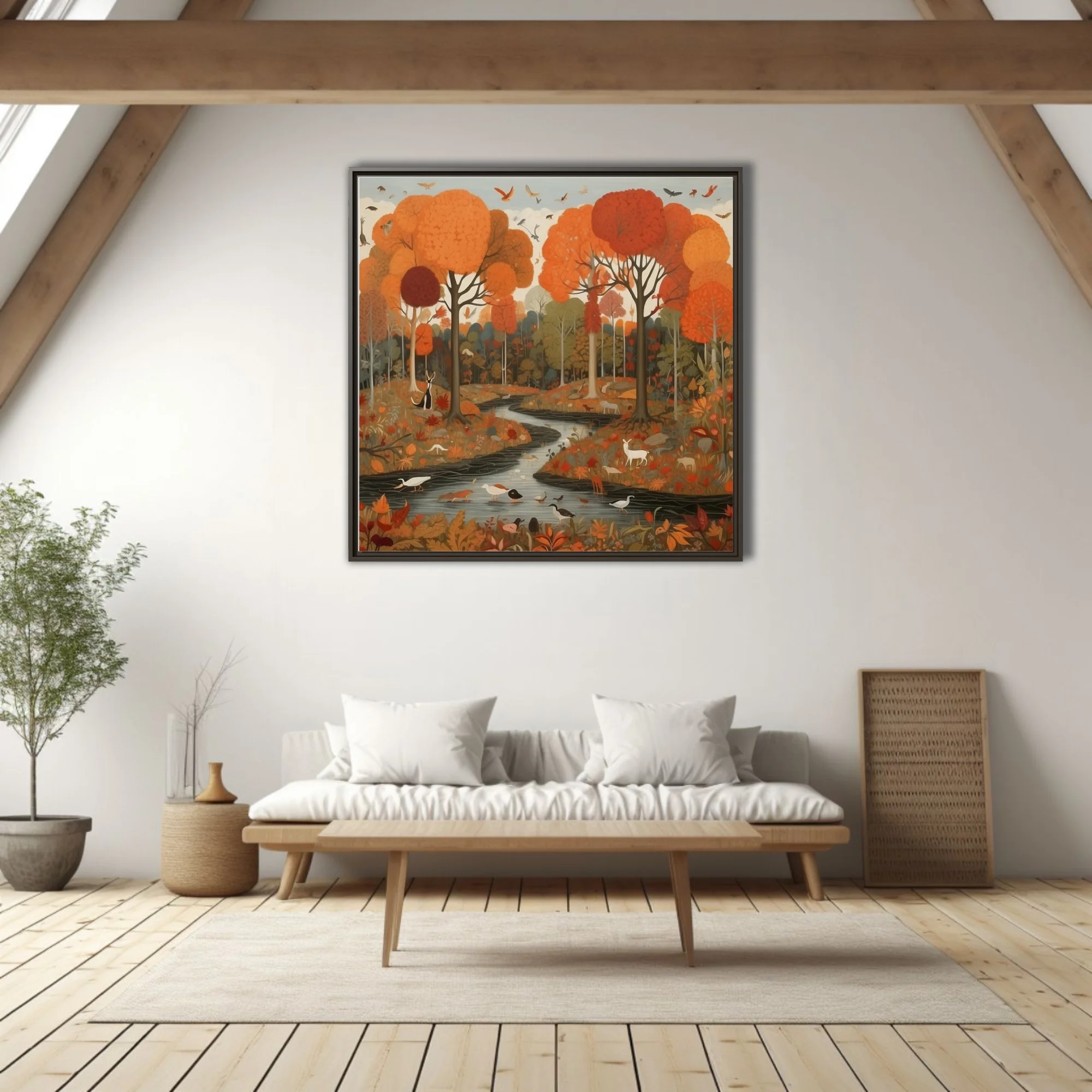 Folk-art style autumn forest with wildlife, winding stream, warm orange and red palette