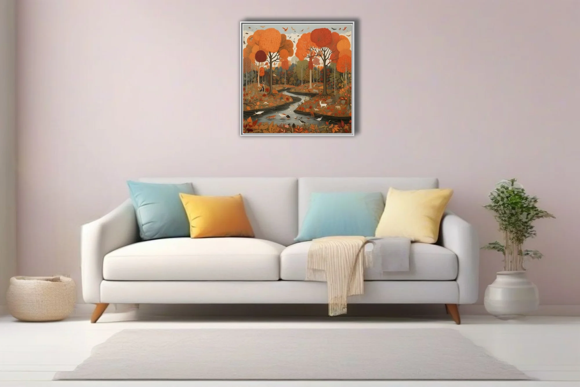 Folk-art style autumn forest with wildlife, winding stream, warm orange and red palette
