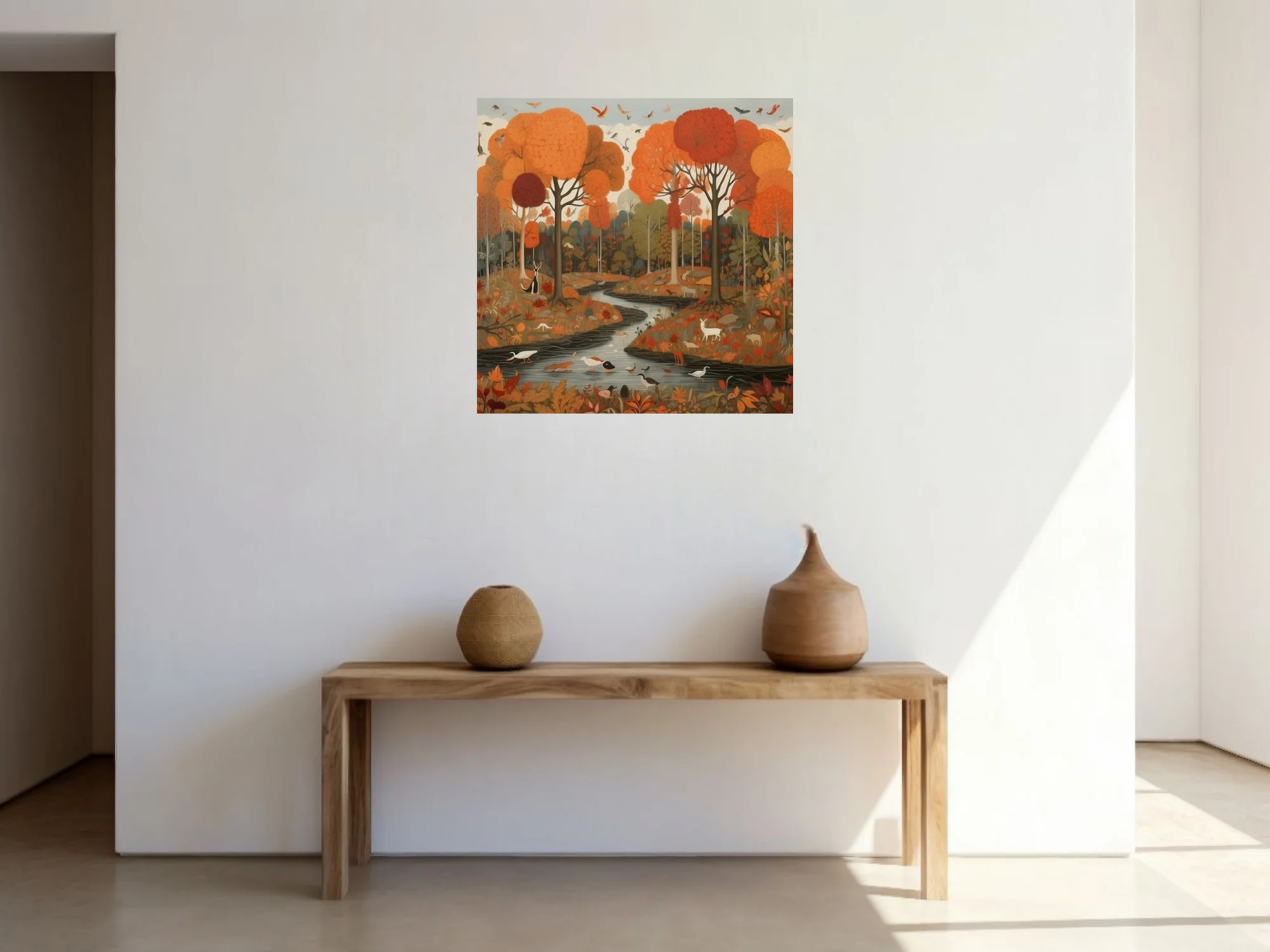 Folk-art style autumn forest with wildlife, winding stream, warm orange and red palette