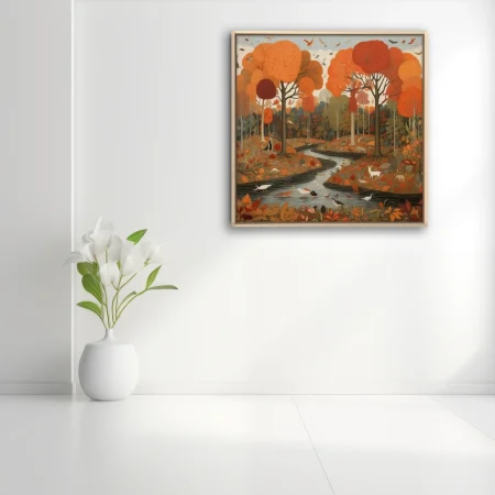 Folk-art style autumn forest with wildlife, winding stream, warm orange and red palette