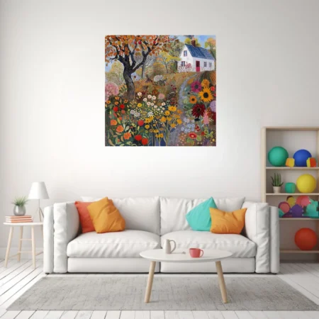 Folk-art autumn cottage garden with sunflowers, dahlias, and harvest-toned foliage