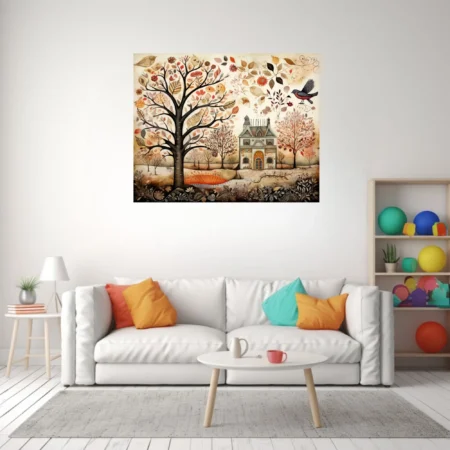 Folk-art autumn landscape with ornate house, decorative trees, and botanical motifs in warm earthy tones
