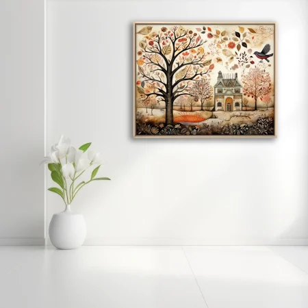 Folk-art autumn landscape with ornate house, decorative trees, and botanical motifs in warm earthy tones