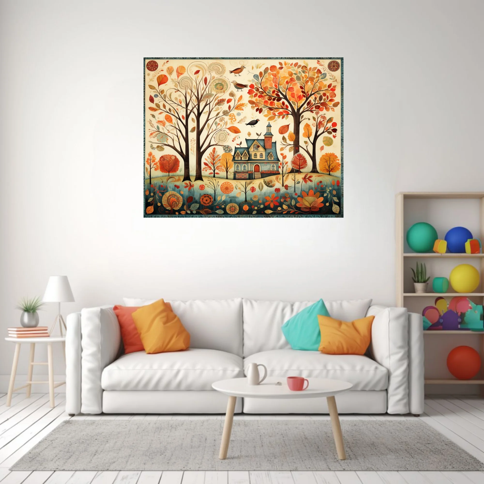 Folk-art autumn cottage scene with colorful fall trees, birds, and botanical motifs