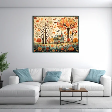Folk-art autumn cottage scene with colorful fall trees, birds, and botanical motifs