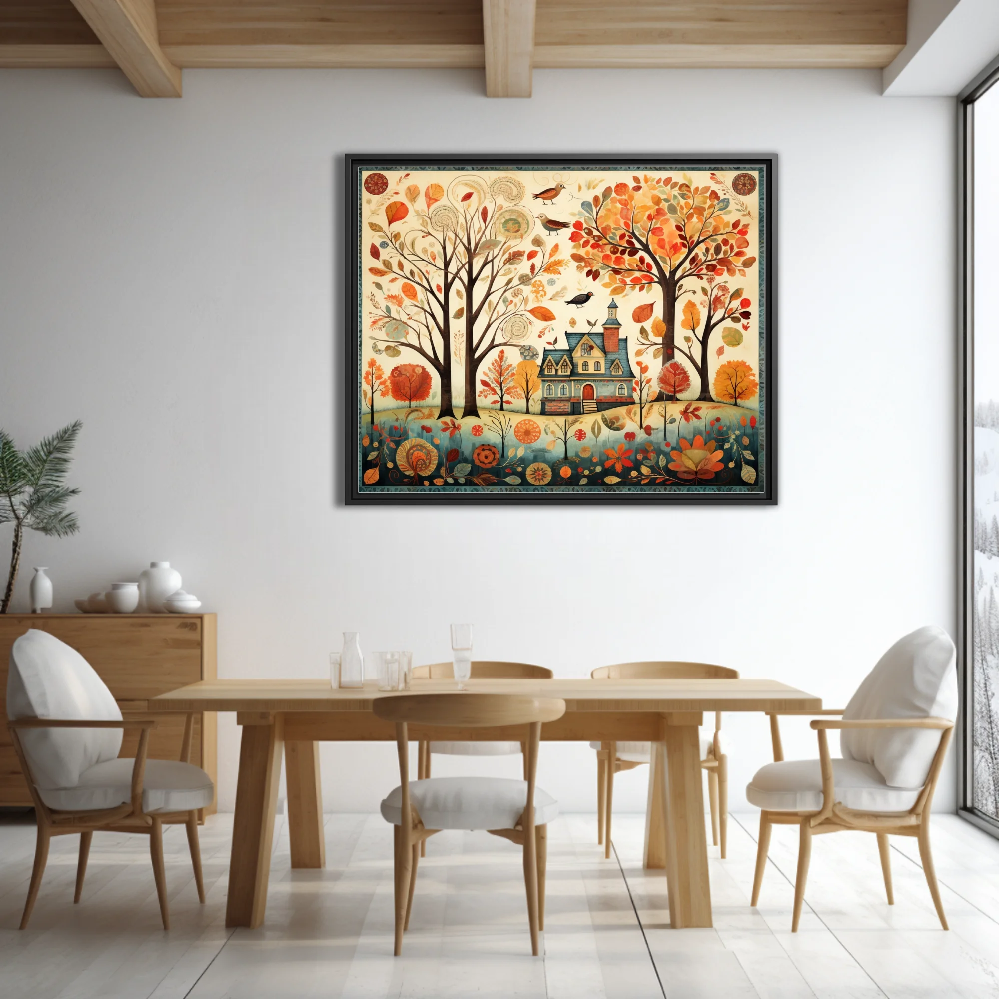 Folk-art autumn cottage scene with colorful fall trees, birds, and botanical motifs