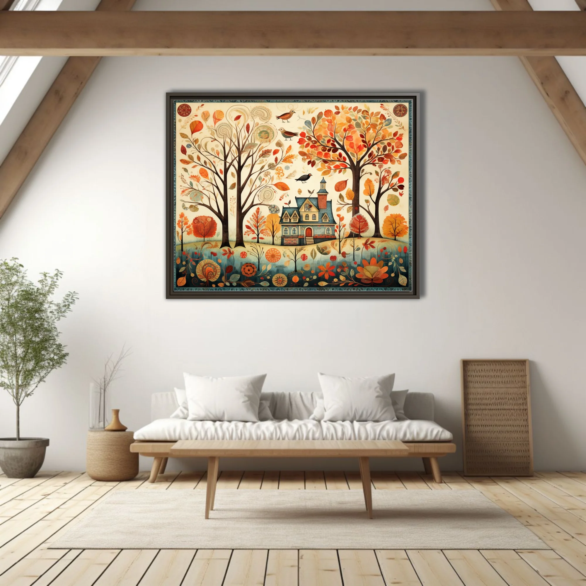 Folk-art autumn cottage scene with colorful fall trees, birds, and botanical motifs