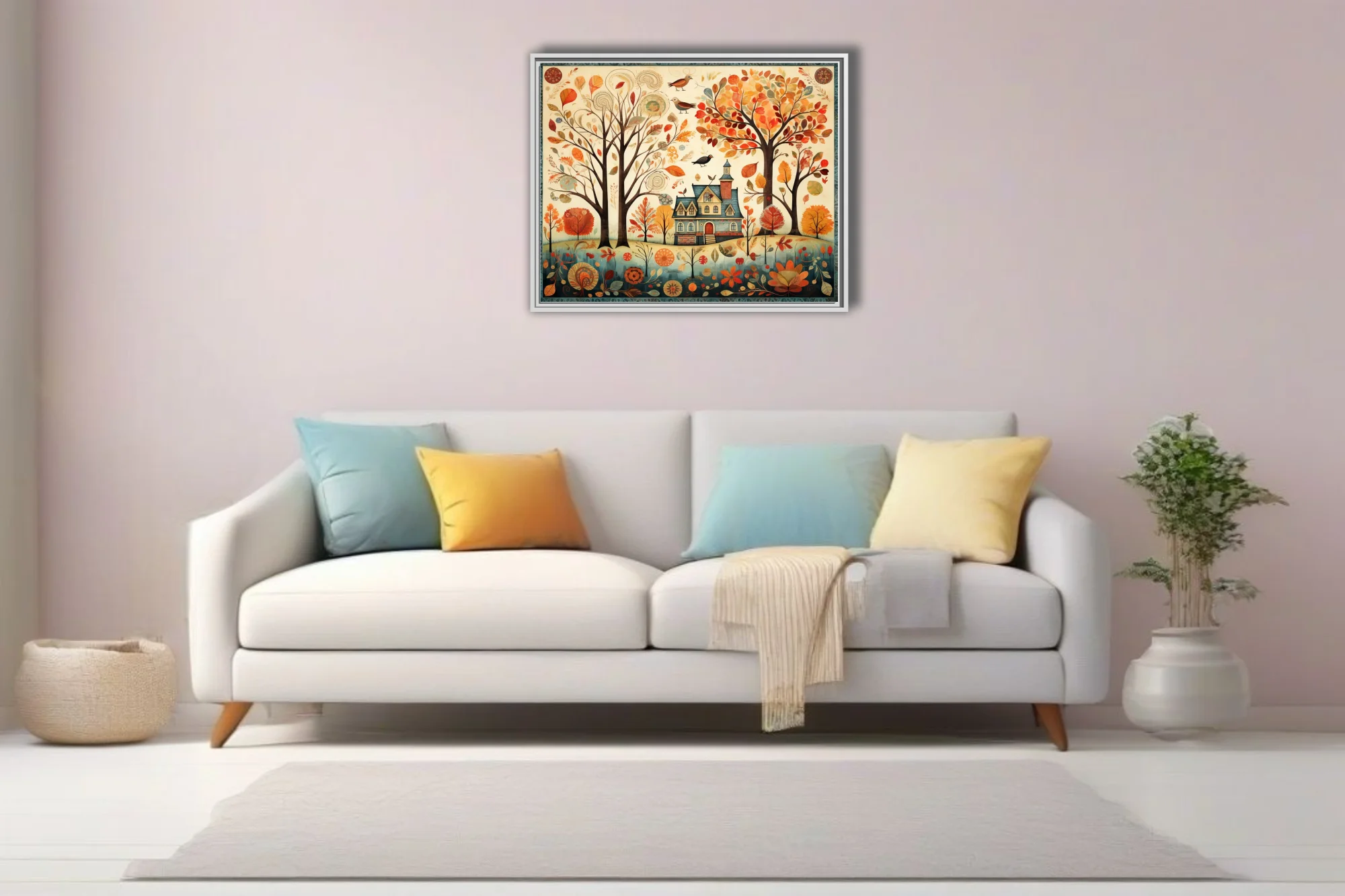Folk-art autumn cottage scene with colorful fall trees, birds, and botanical motifs