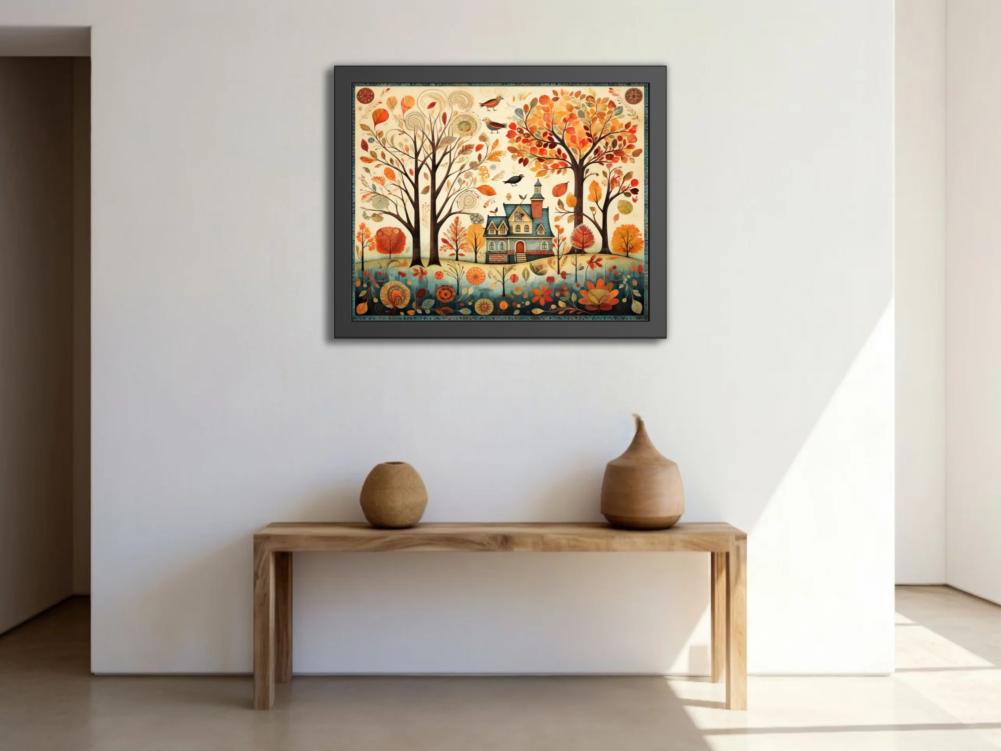 Folk-art autumn cottage scene with colorful fall trees, birds, and botanical motifs