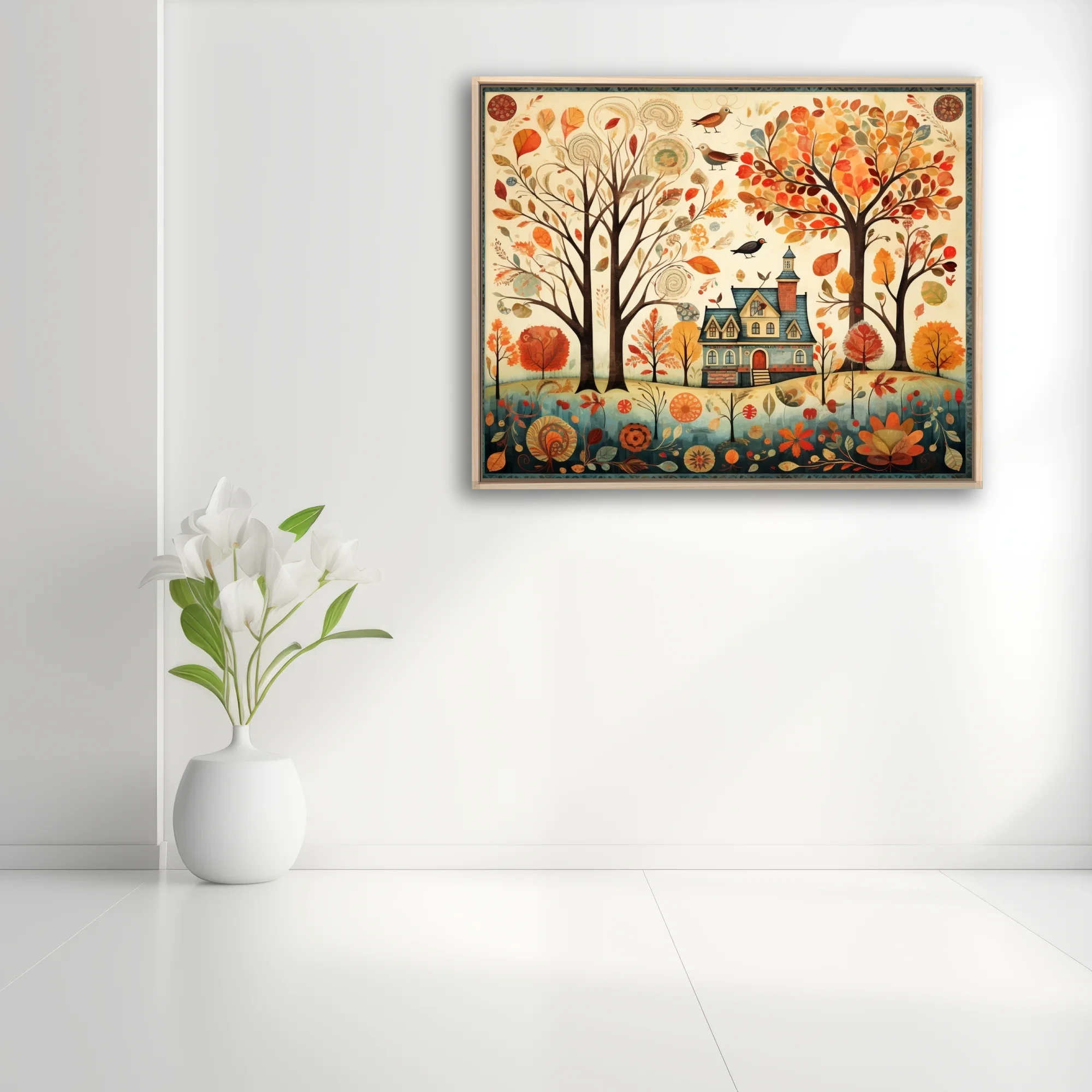 Folk-art autumn cottage scene with colorful fall trees, birds, and botanical motifs