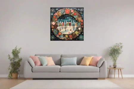 Folk-art Christmas village scene with snowy houses, evergreens, and festive botanical border