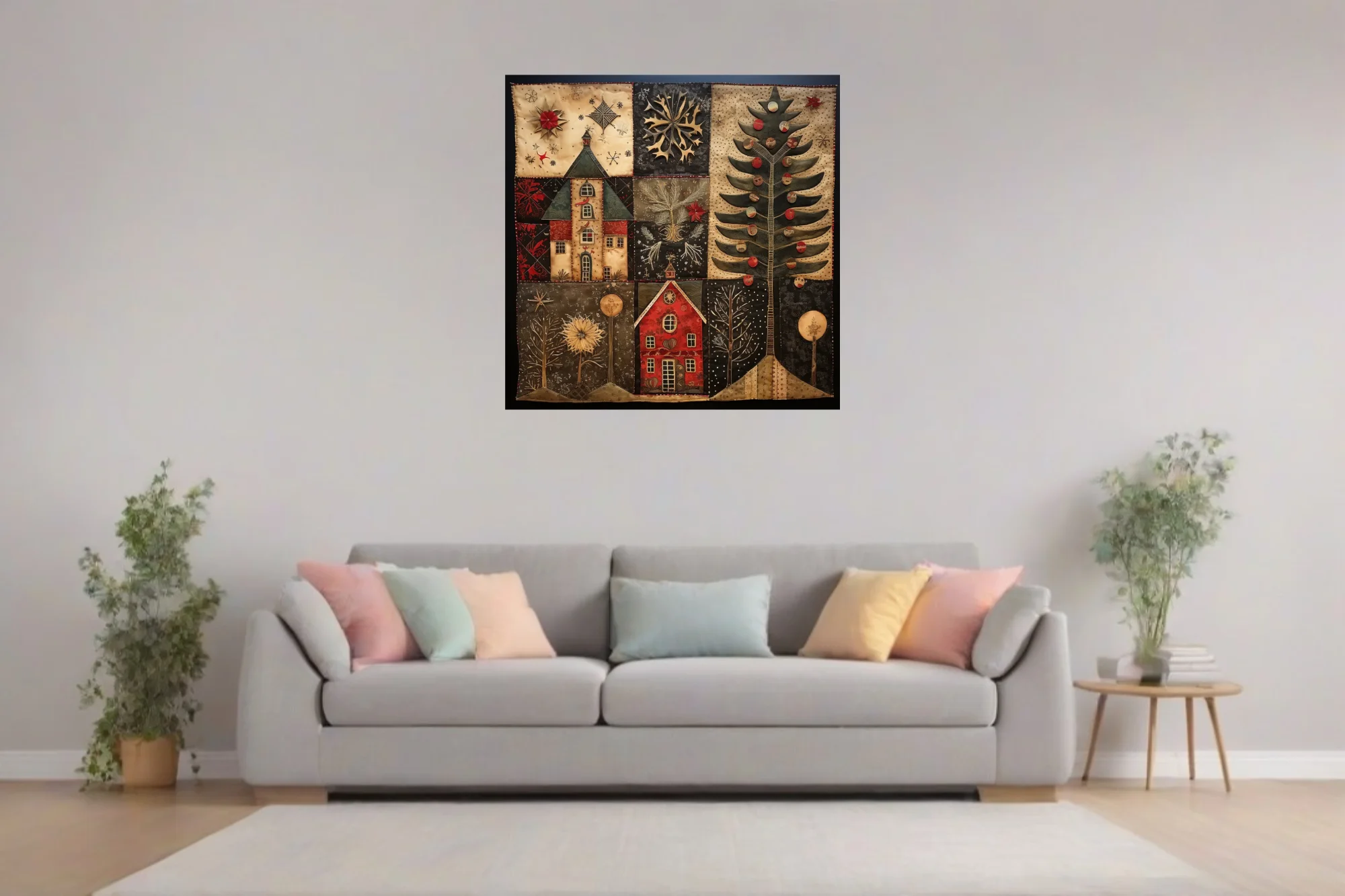 Folk-art quilt-style Christmas village with decorated evergreen and winter motifs
