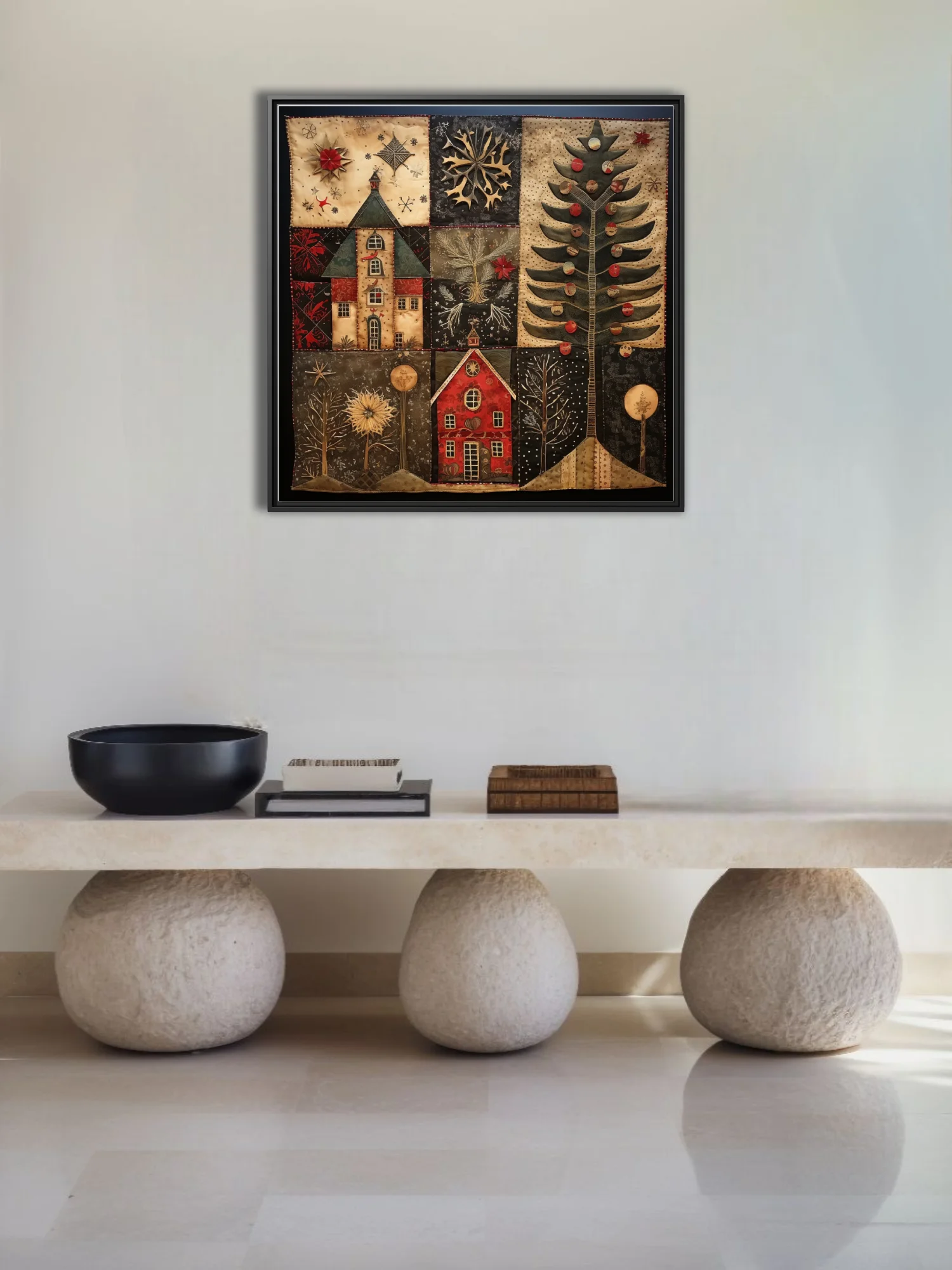 Folk-art quilt-style Christmas village with decorated evergreen and winter motifs