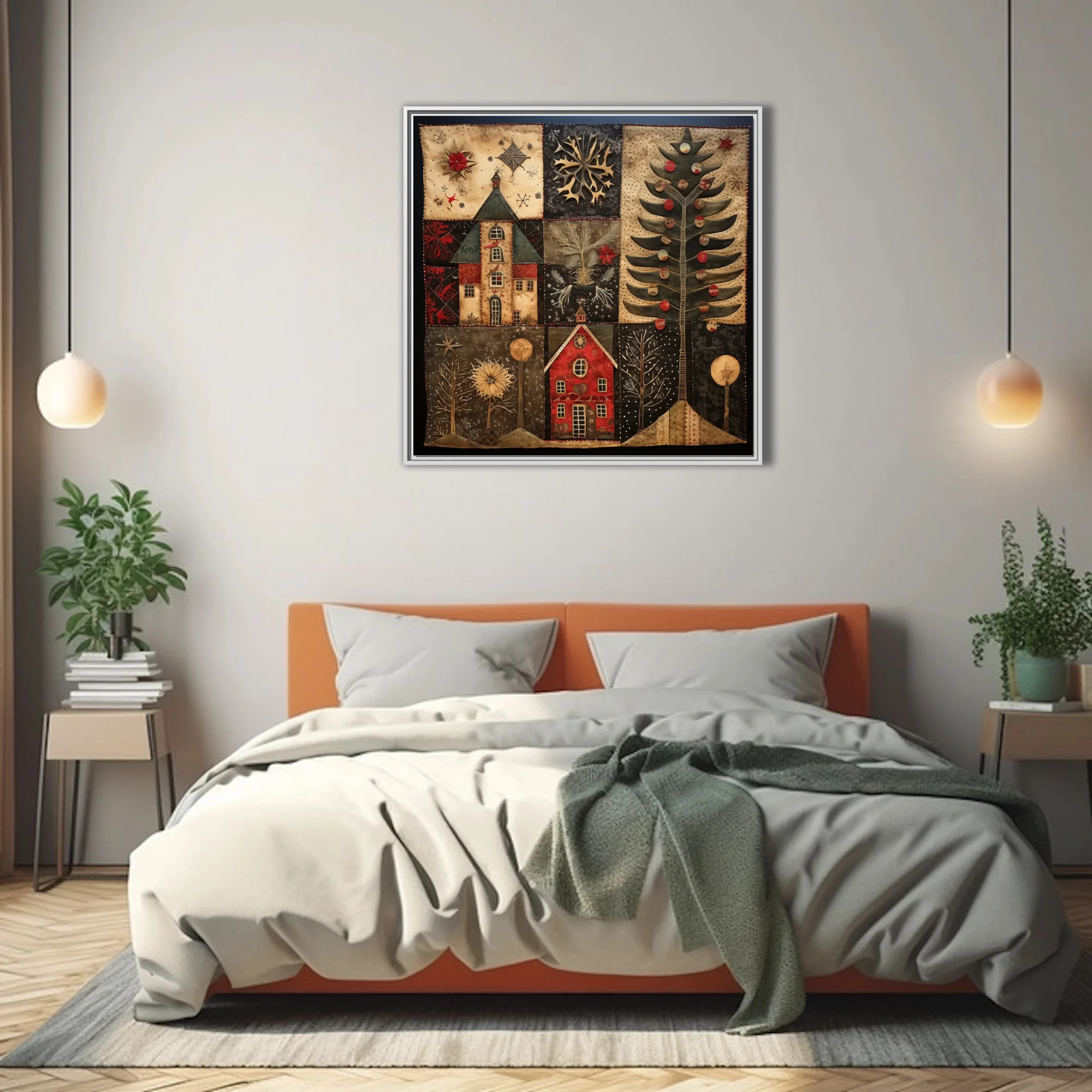 Folk-art quilt-style Christmas village with decorated evergreen and winter motifs