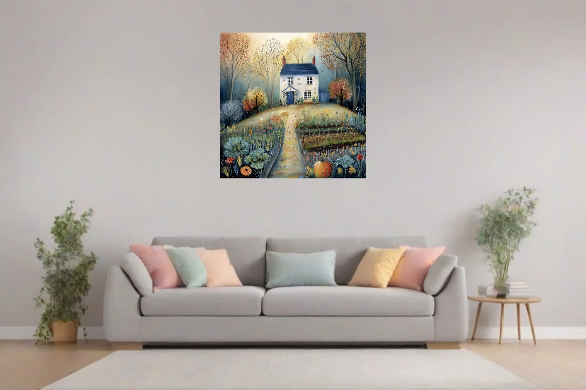 Folk-art autumn cottage with wild garden, amber and blue tones, naive illustration style