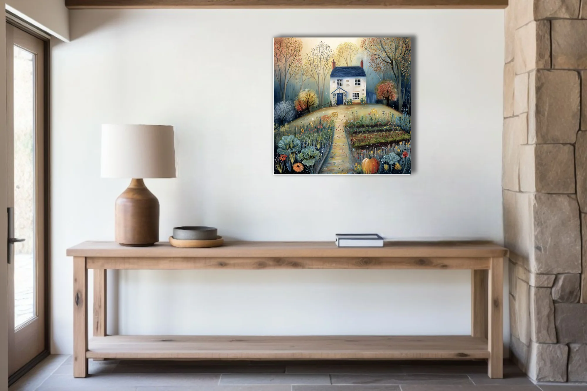 Folk-art autumn cottage with wild garden, amber and blue tones, naive illustration style