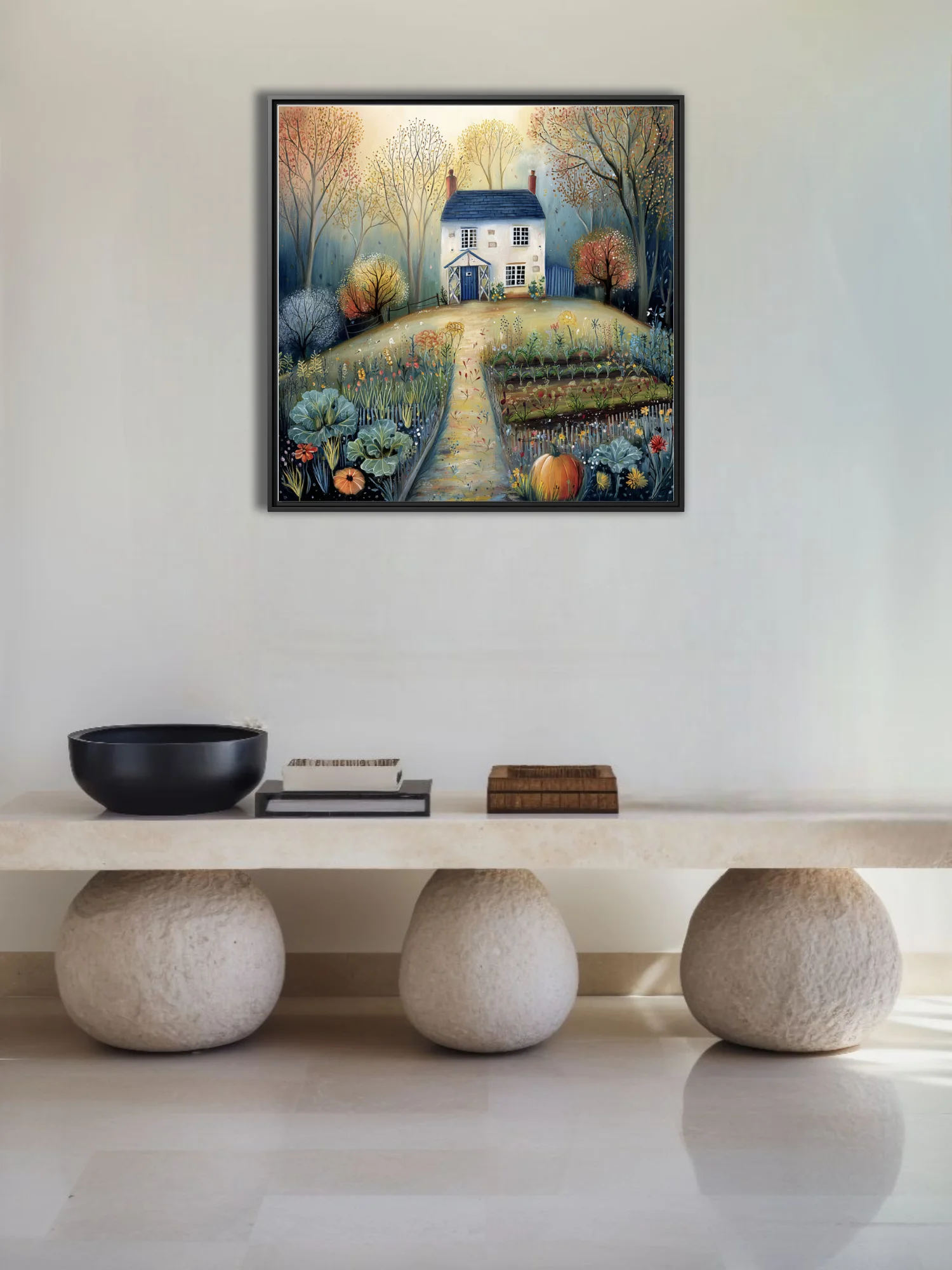 Folk-art autumn cottage with wild garden, amber and blue tones, naive illustration style