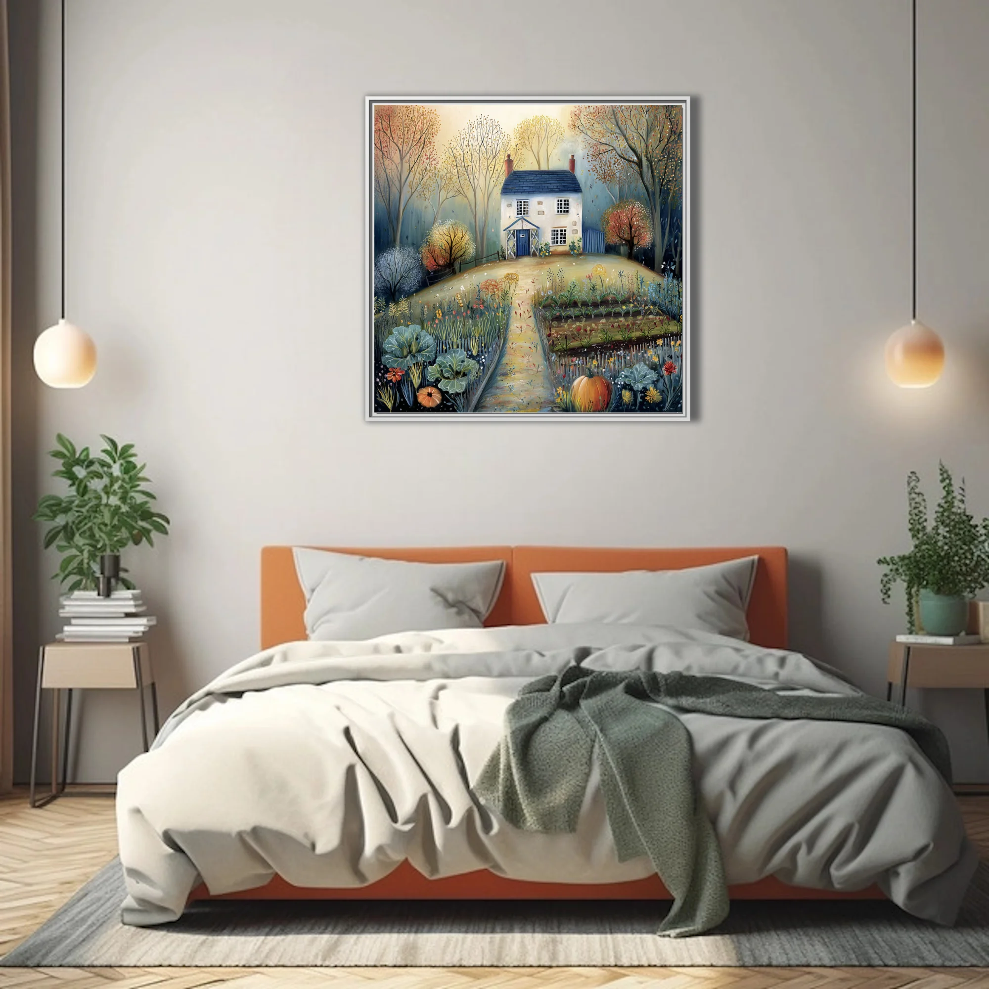 Folk-art autumn cottage with wild garden, amber and blue tones, naive illustration style